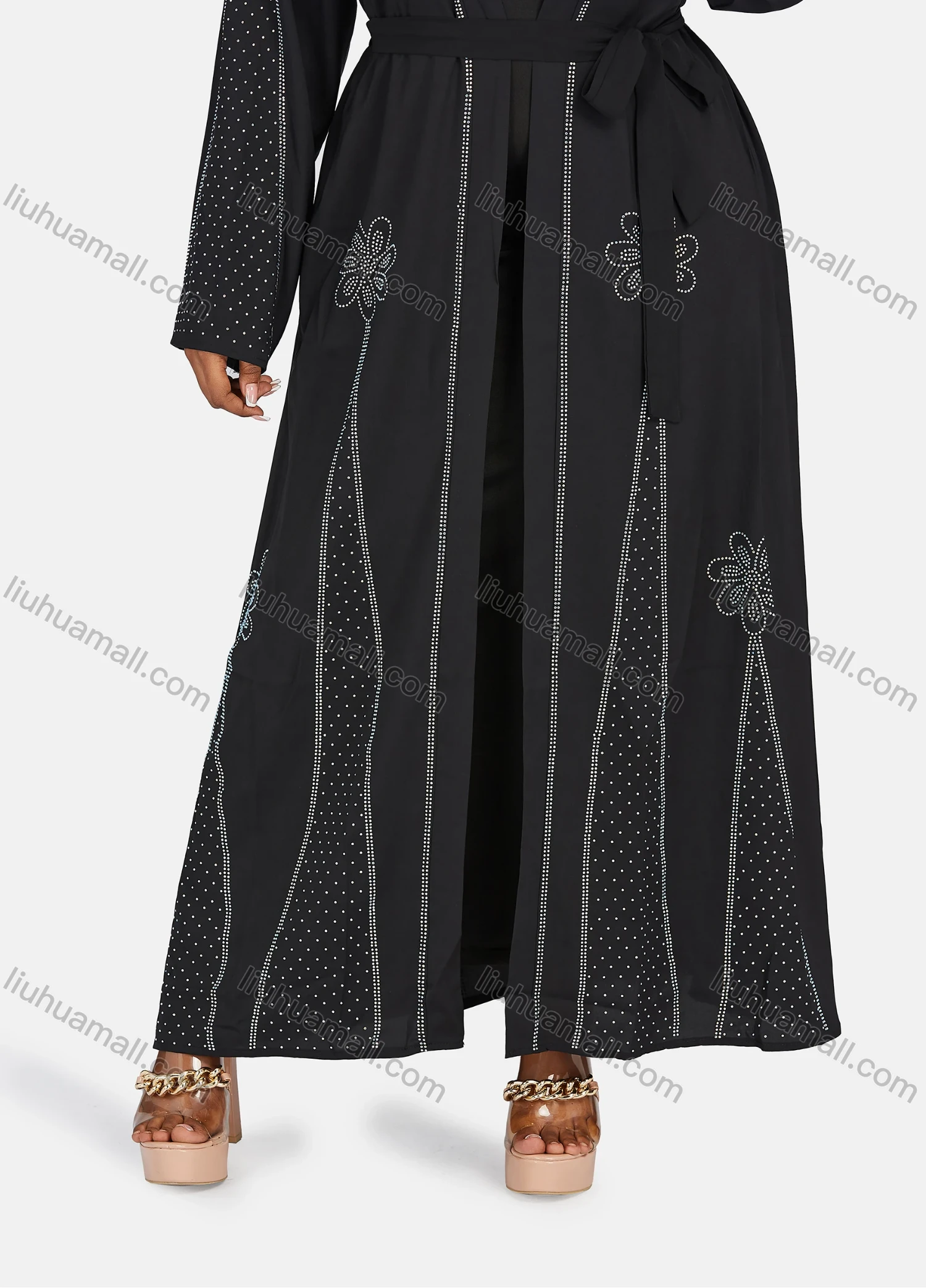 Wholesale Women's Muslim Islamic Long Sleeve Rhinestone Maxi Abaya Dress With Belt - Liuhuamall
