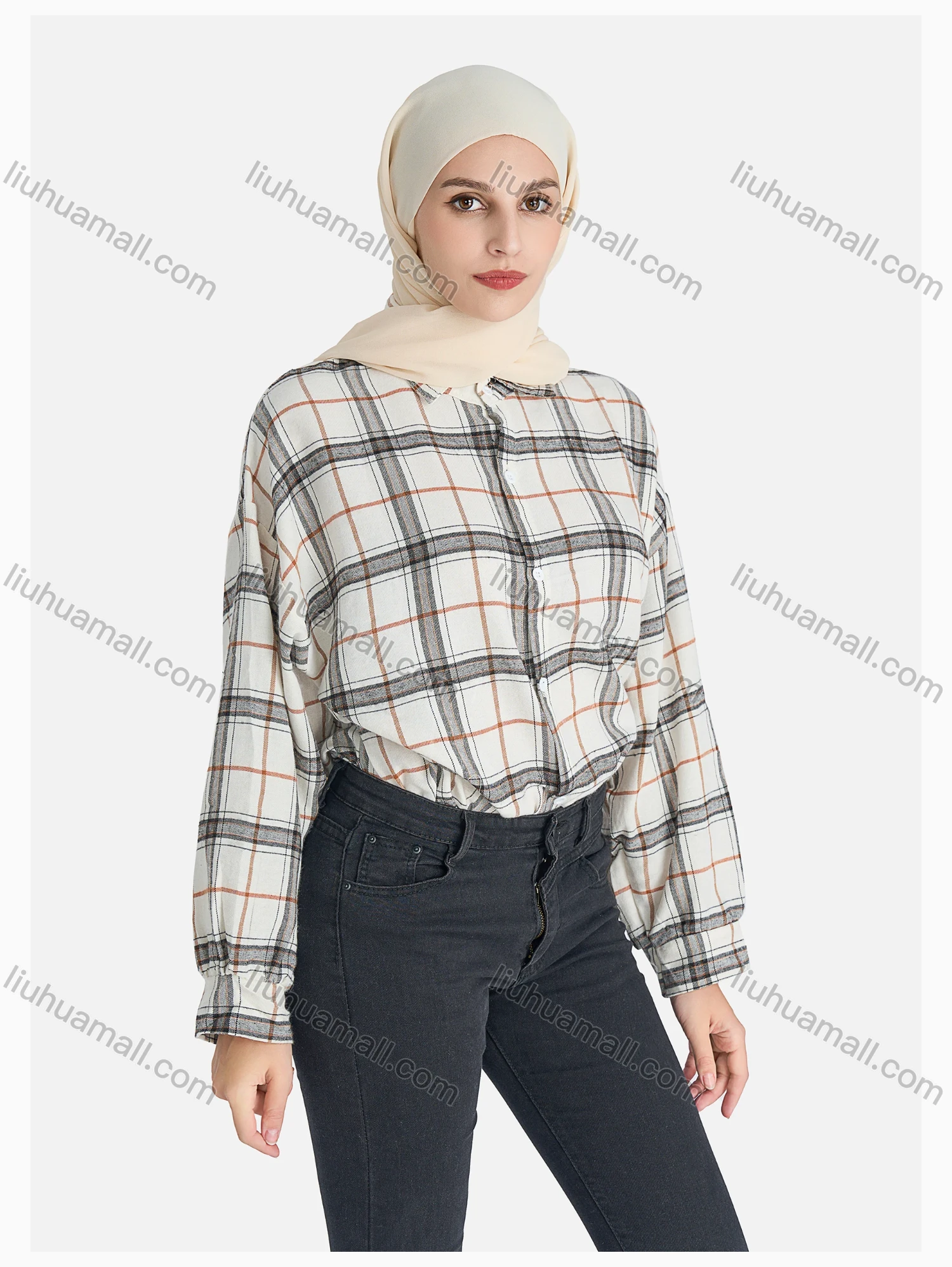 Wholesale Women's Casual Plaid Print Button Down Shirt Without Hijab - Liuhuamall