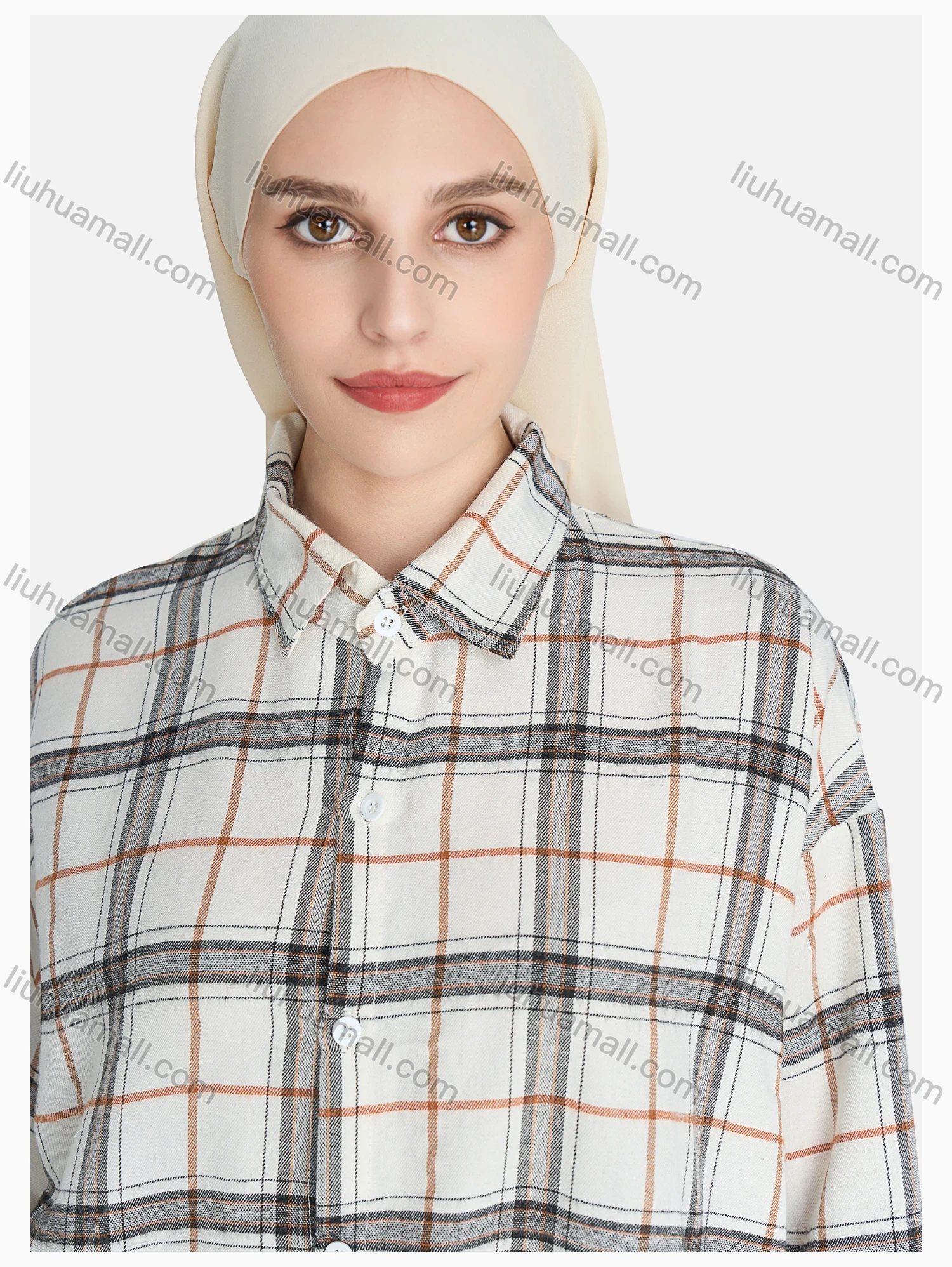 Wholesale Women's Casual Plaid Print Button Down Shirt Without Hijab - Liuhuamall