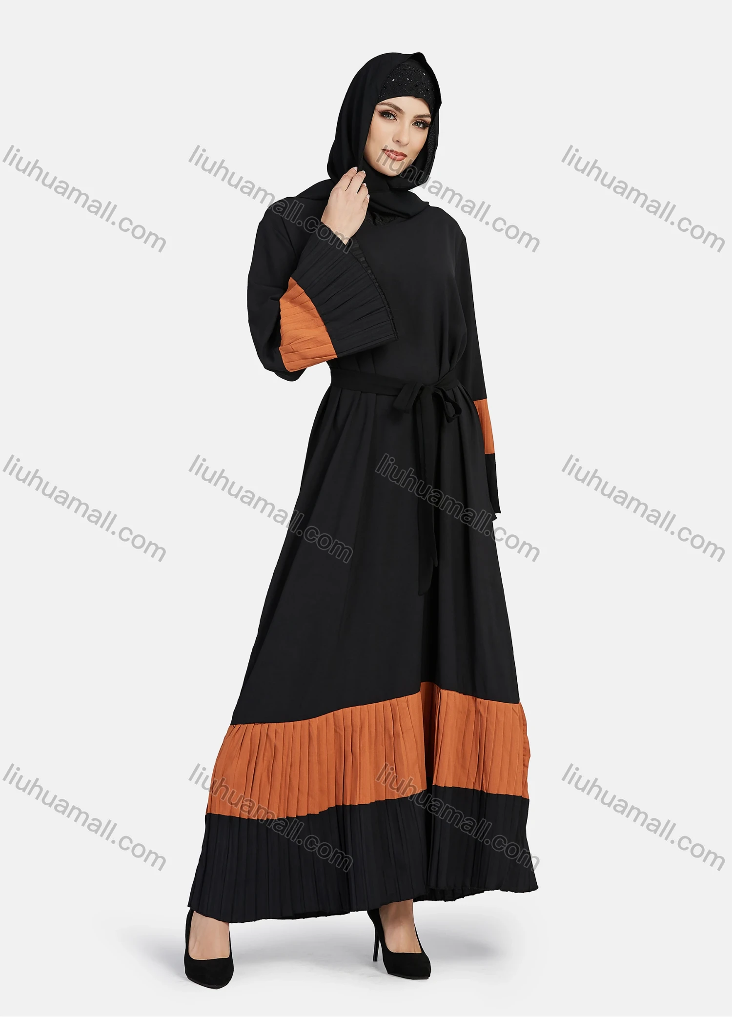 Wholesale Women's Muslim Islamic Vintage V Neck Colorblock Ruched Maxi Abaya Dress R810# - Liuhuamall