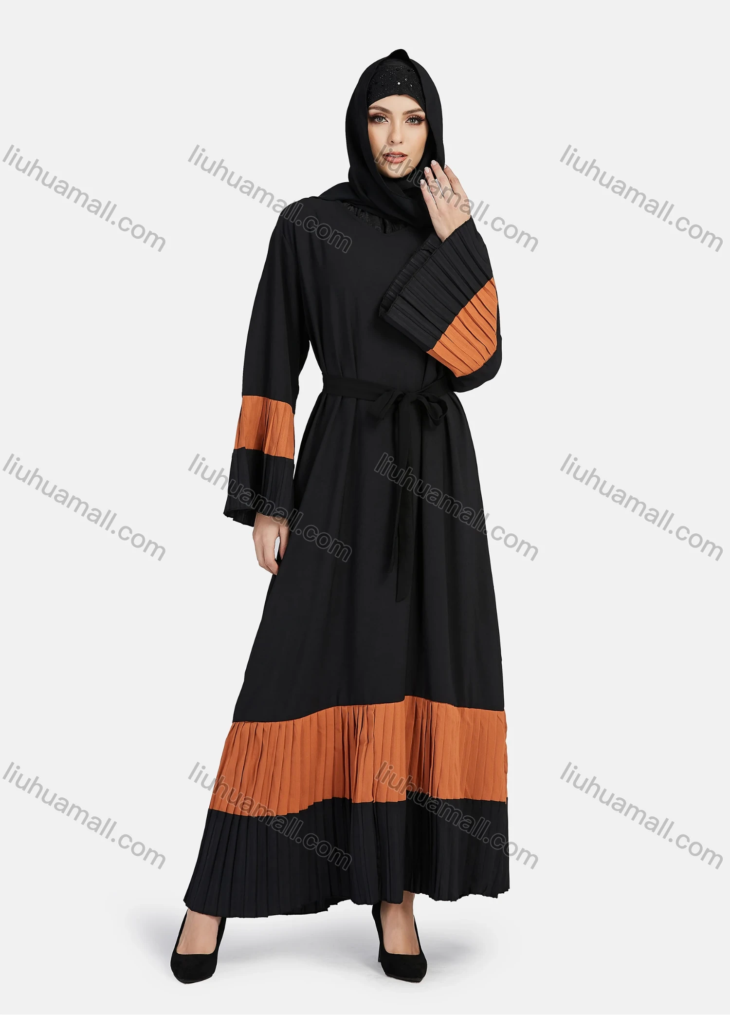Wholesale Women's Muslim Islamic Vintage V Neck Colorblock Ruched Maxi Abaya Dress R810# - Liuhuamall