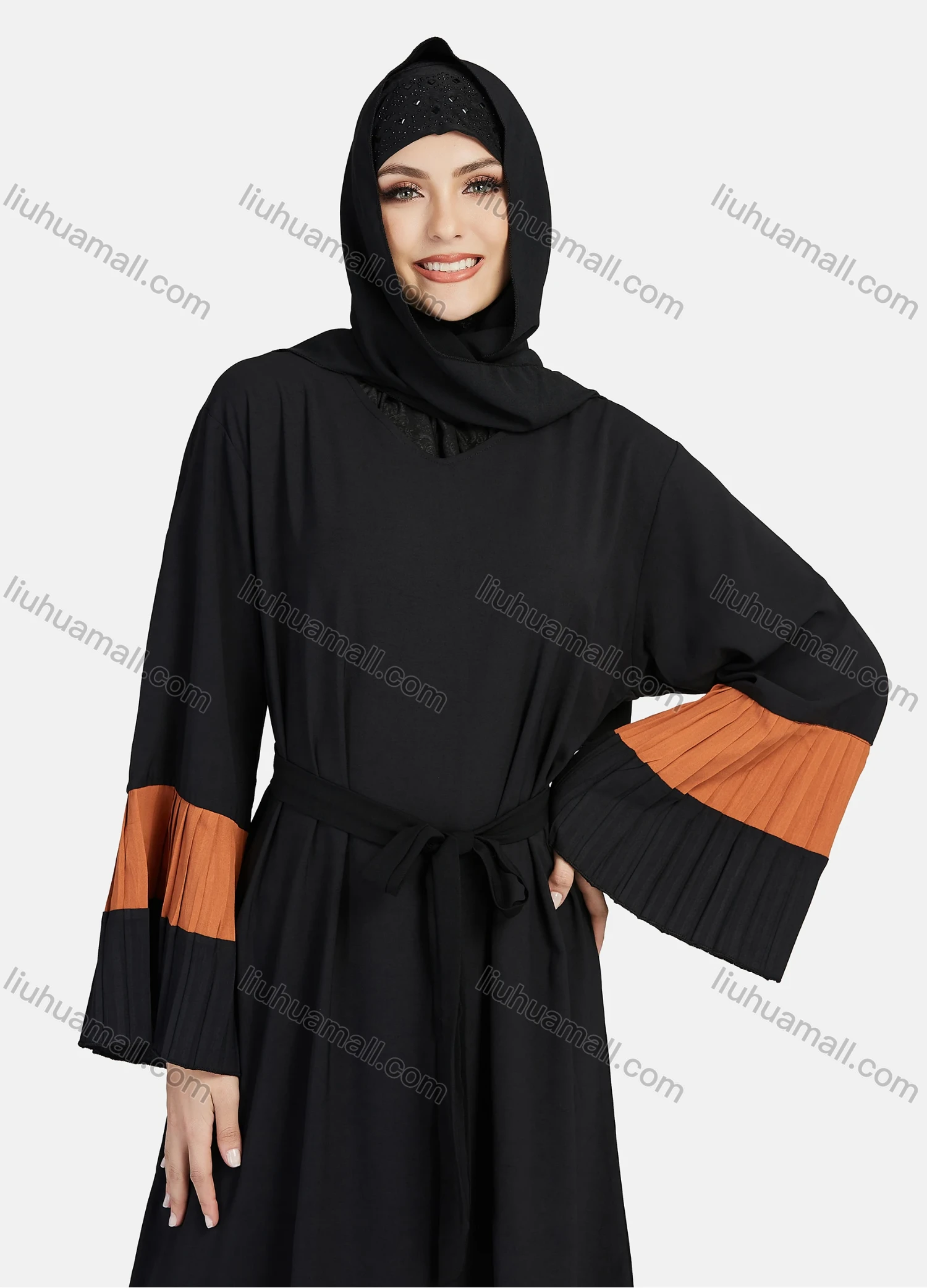 Wholesale Women's Muslim Islamic Vintage V Neck Colorblock Ruched Maxi Abaya Dress R810# - Liuhuamall
