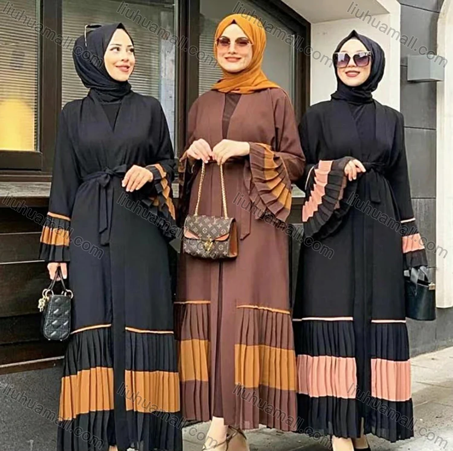 Wholesale Women's Muslim Islamic Vintage V Neck Colorblock Ruched Maxi Abaya Dress R810# - Liuhuamall