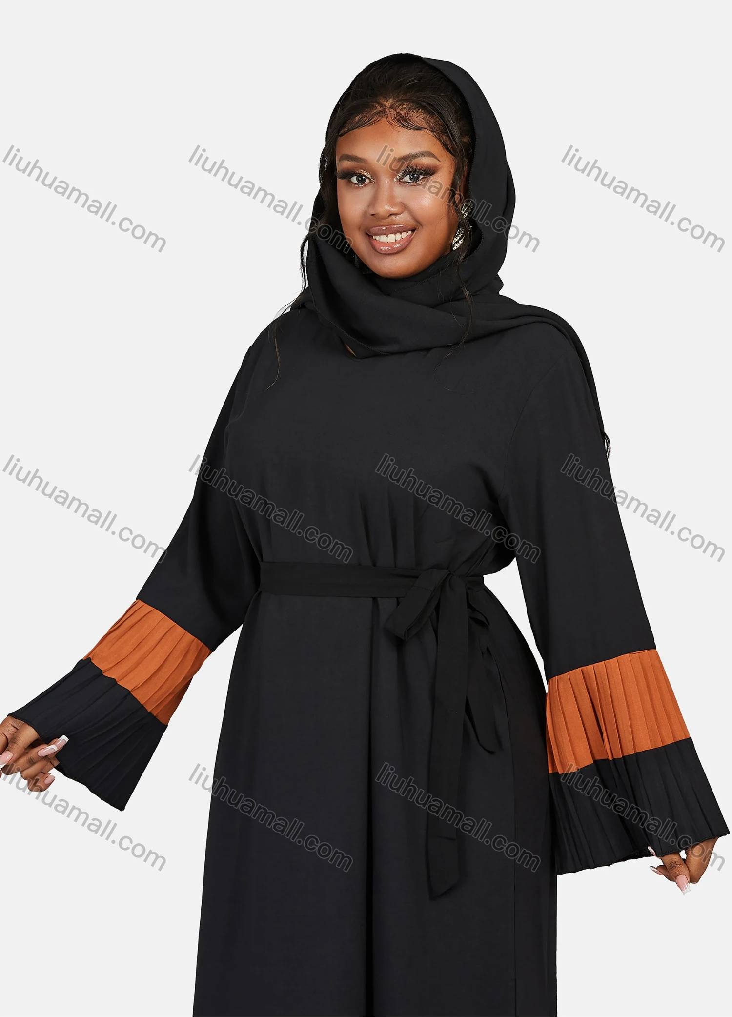 Wholesale Women's Muslim Islamic Vintage V Neck Colorblock Ruched Maxi Abaya Dress R810# - Liuhuamall