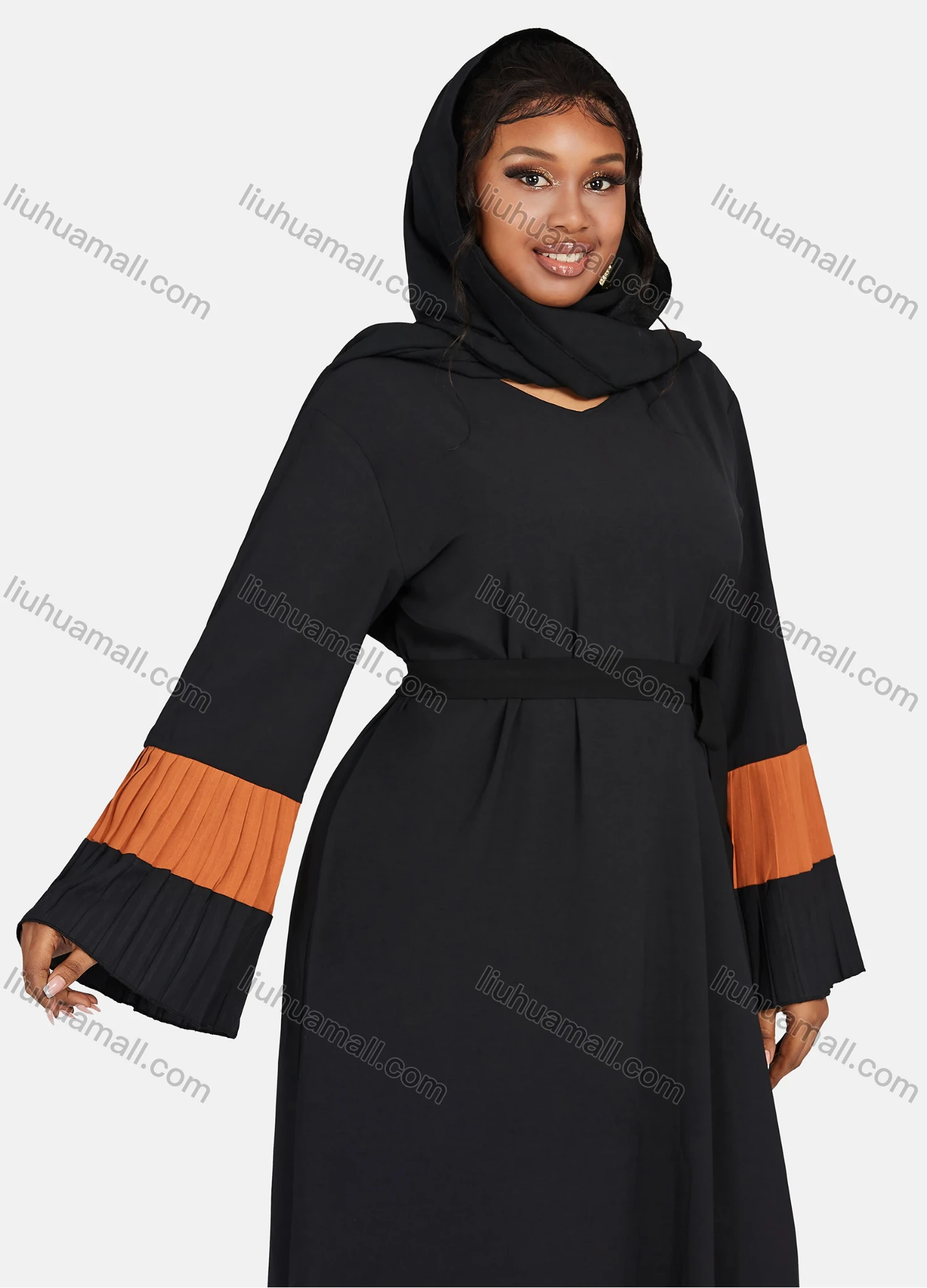 Wholesale Women's Muslim Islamic Vintage V Neck Colorblock Ruched Maxi Abaya Dress R810# - Liuhuamall