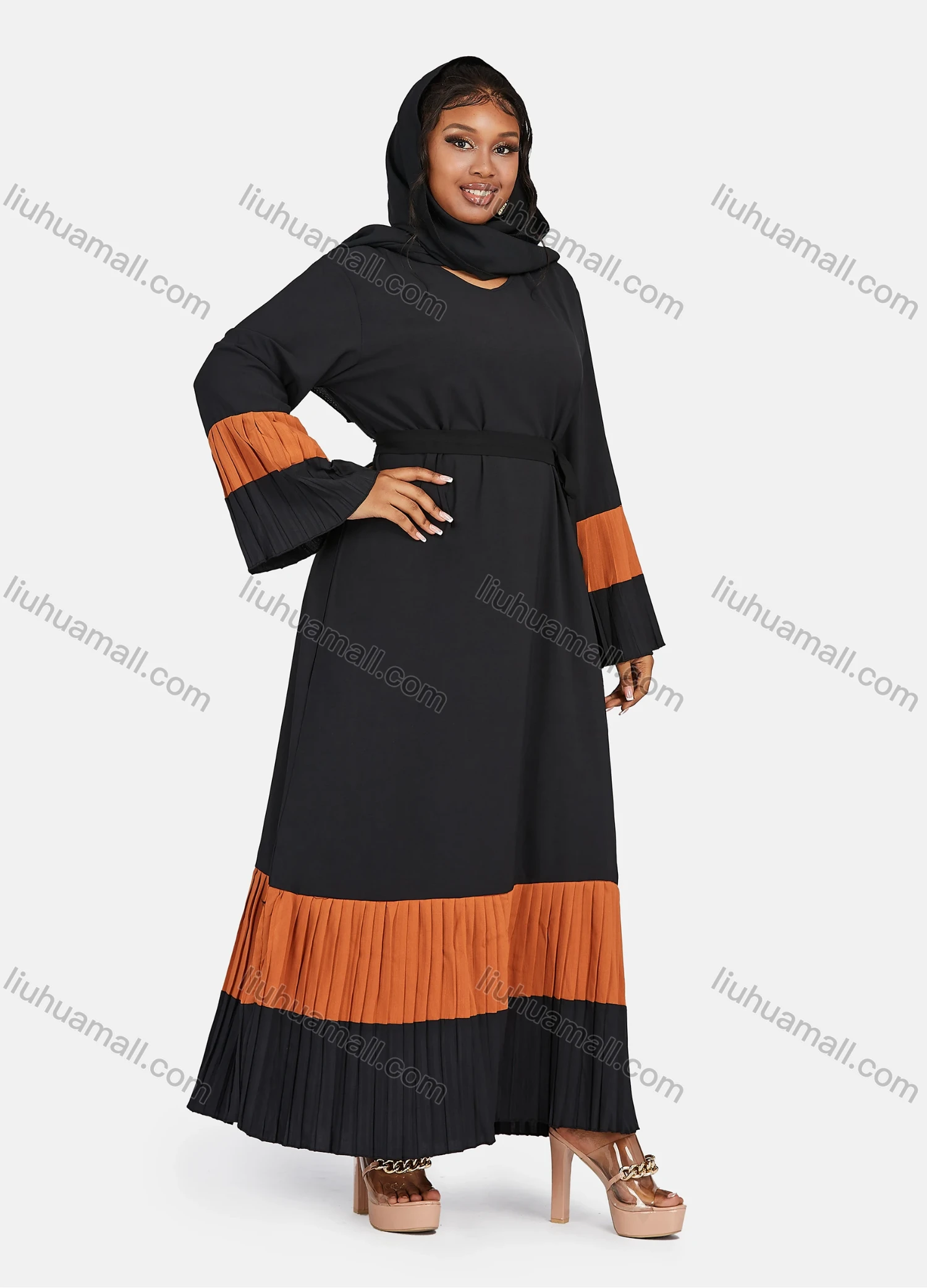Wholesale Women's Muslim Islamic Vintage V Neck Colorblock Ruched Maxi Abaya Dress R810# - Liuhuamall