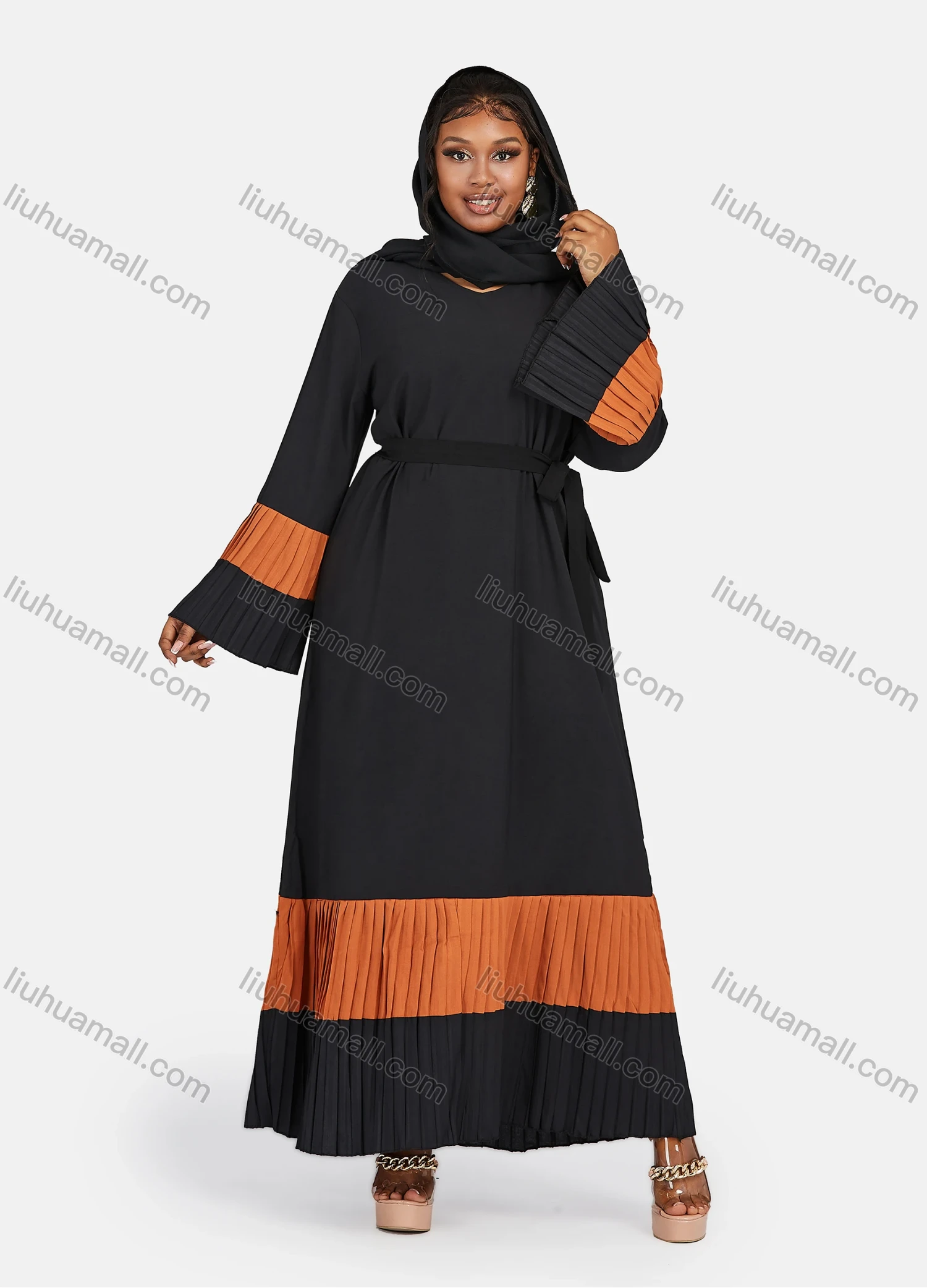 Wholesale Women's Muslim Islamic Vintage V Neck Colorblock Ruched Maxi Abaya Dress R810# - Liuhuamall