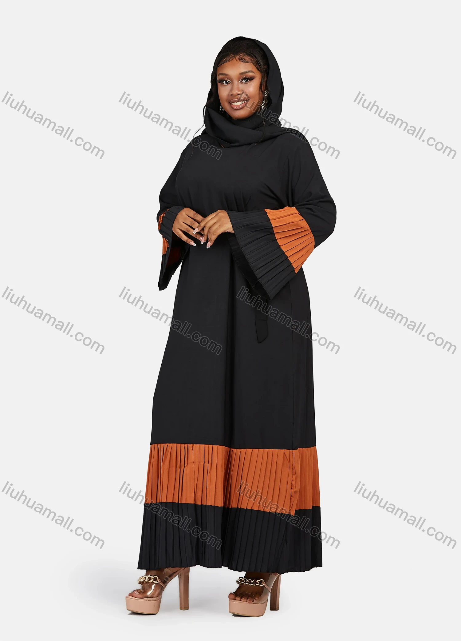 Wholesale Women's Muslim Islamic Vintage V Neck Colorblock Ruched Maxi Abaya Dress R810# - Liuhuamall