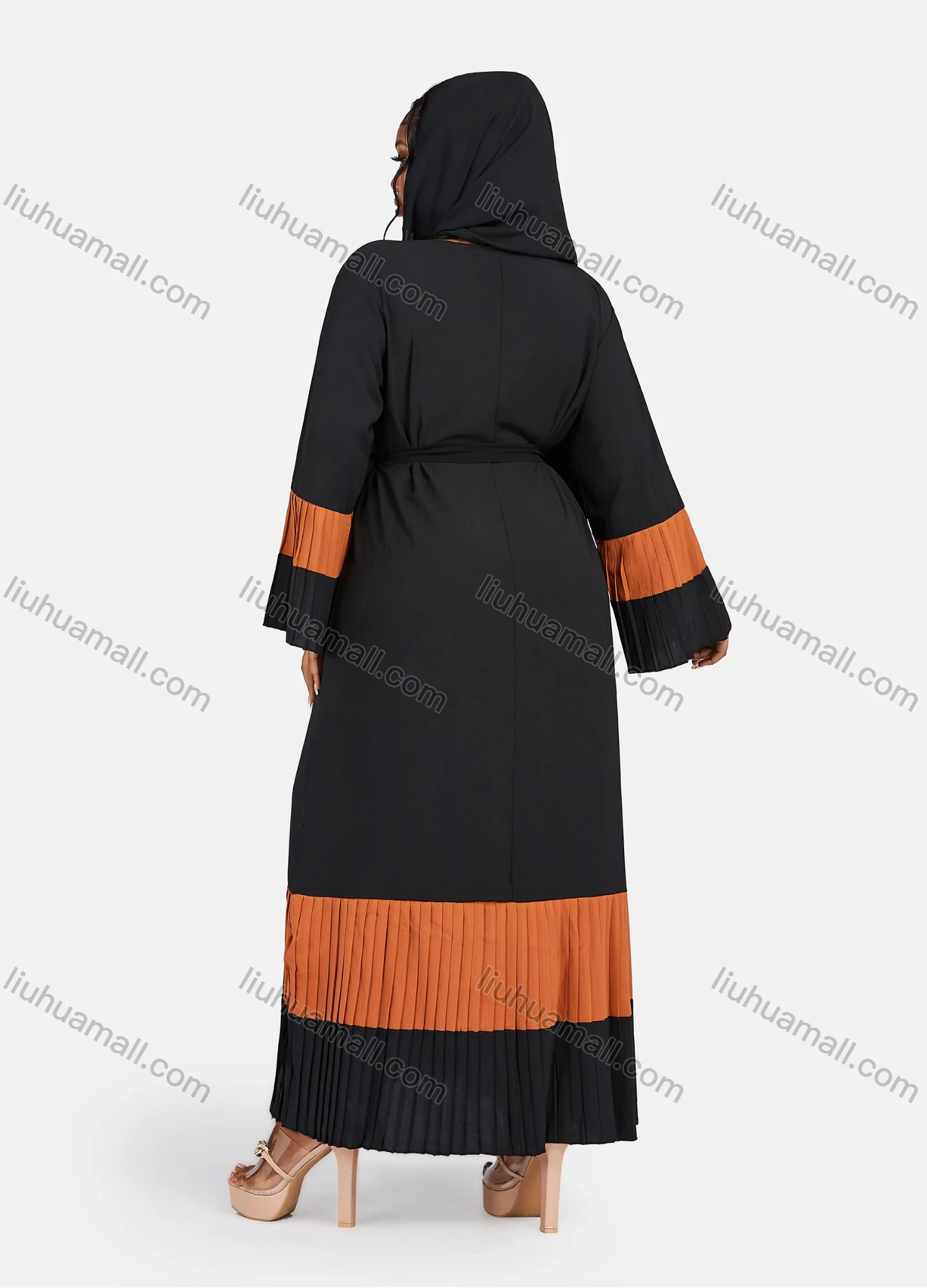 Wholesale Women's Muslim Islamic Vintage V Neck Colorblock Ruched Maxi Abaya Dress R810# - Liuhuamall