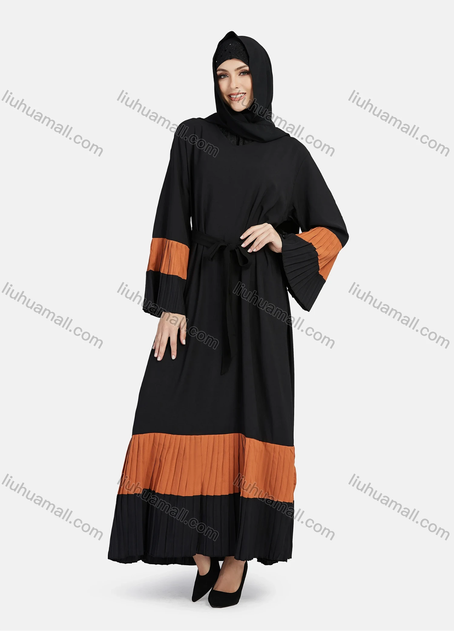 Wholesale Women's Muslim Islamic Vintage V Neck Colorblock Ruched Maxi Abaya Dress R810# - Liuhuamall