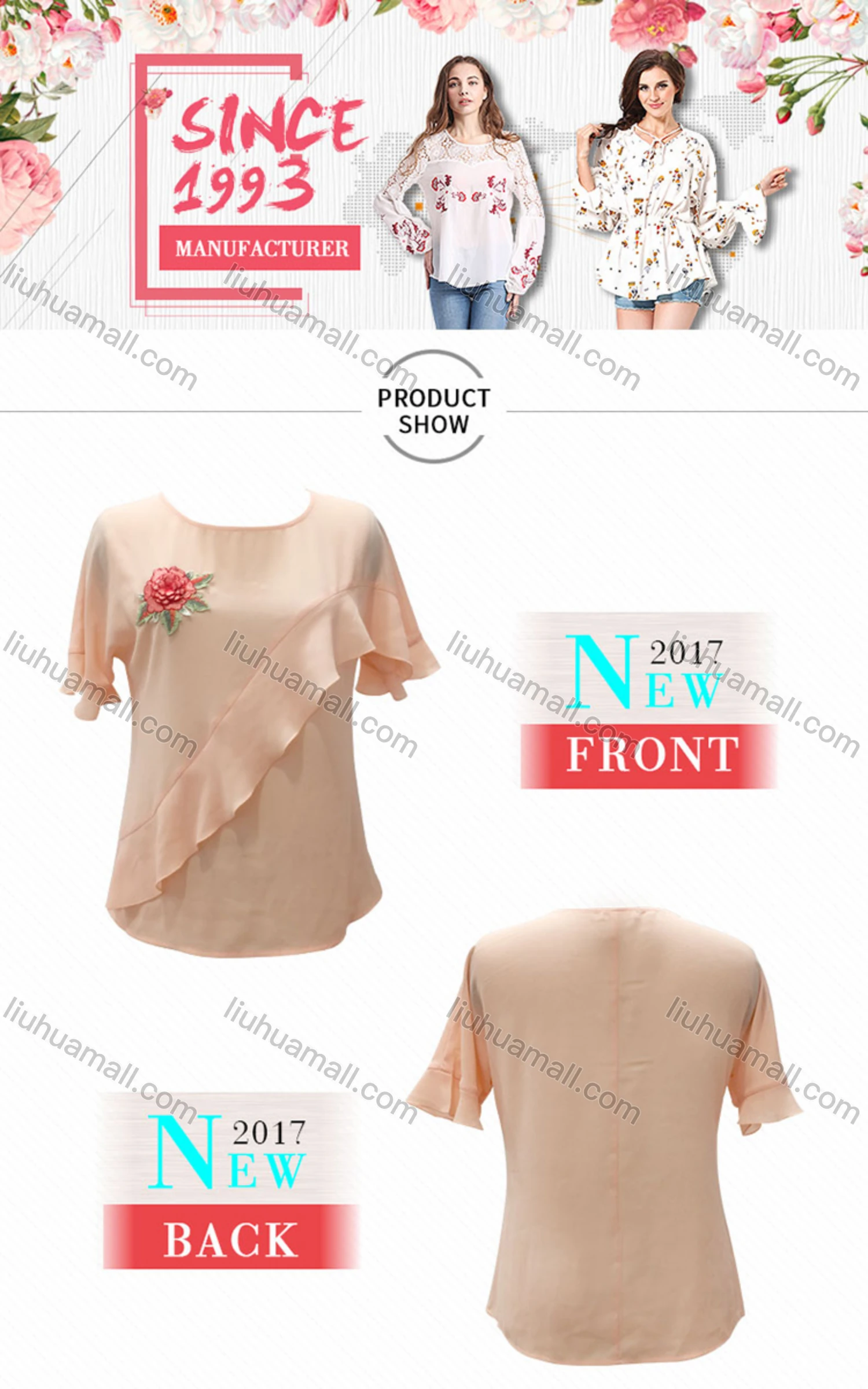 Wholesale Women's Casual Floral Embroidery Round Neck Ruffle Trim Blouse - Liuhuamall