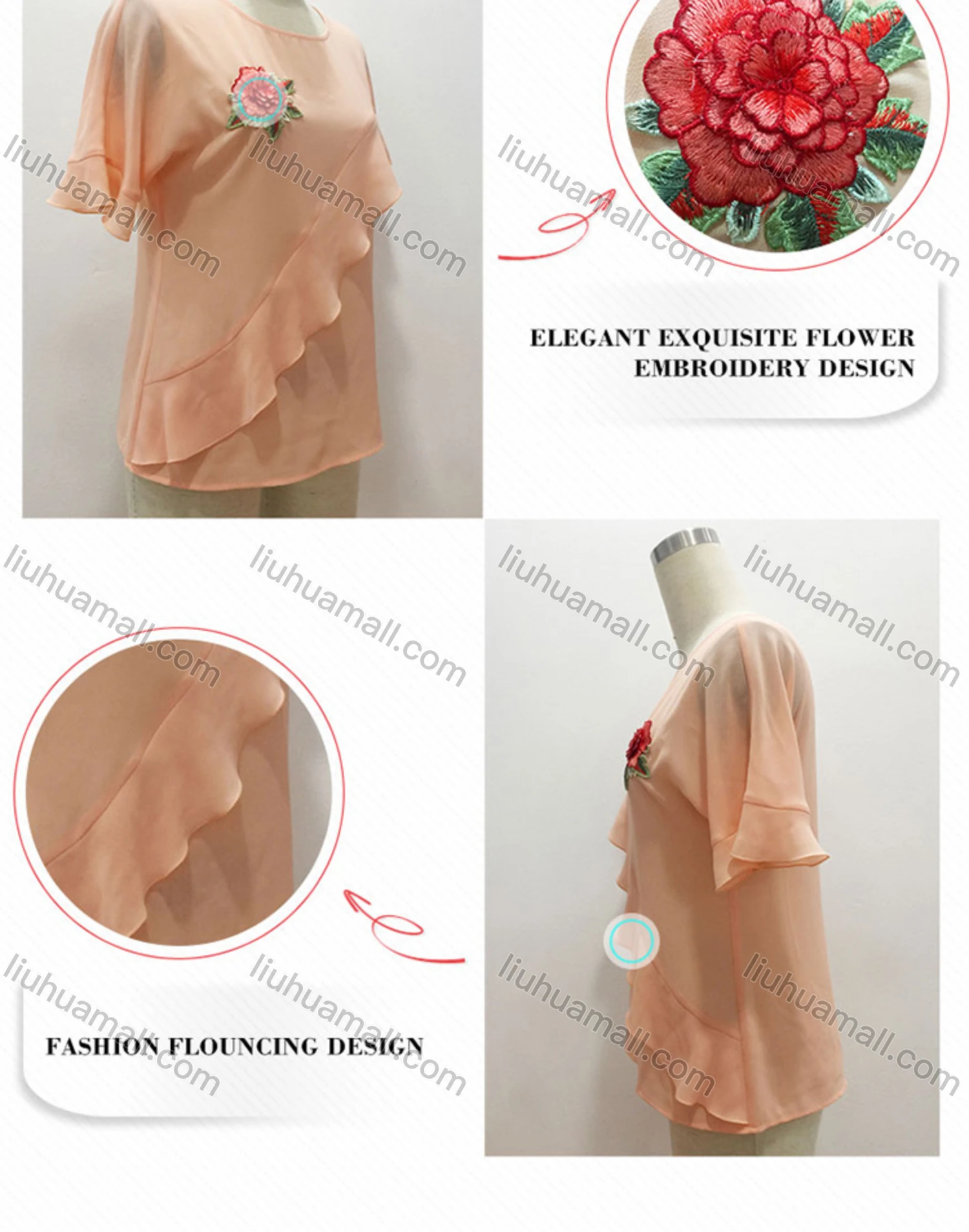 Wholesale Women's Casual Floral Embroidery Round Neck Ruffle Trim Blouse - Liuhuamall