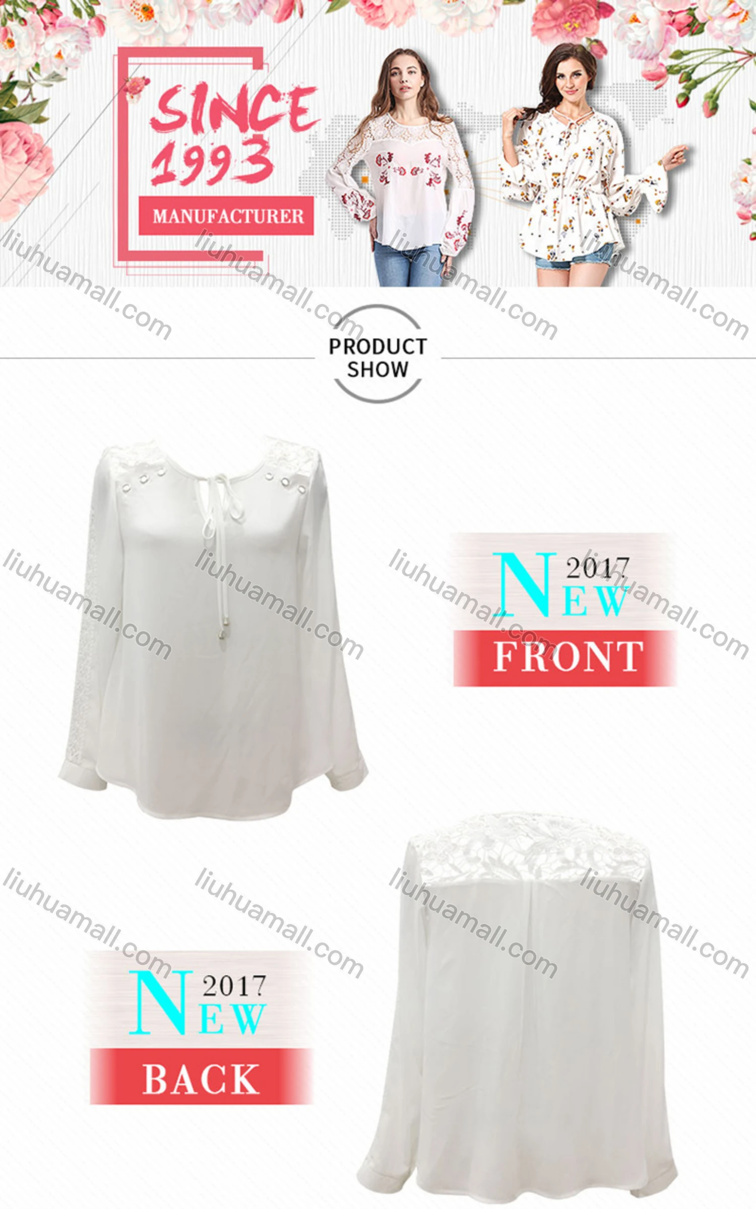 Wholesale Women's Casual Embroidery Lace Tie Neck Ring Decor Long Sleeve Blouse - Liuhuamall