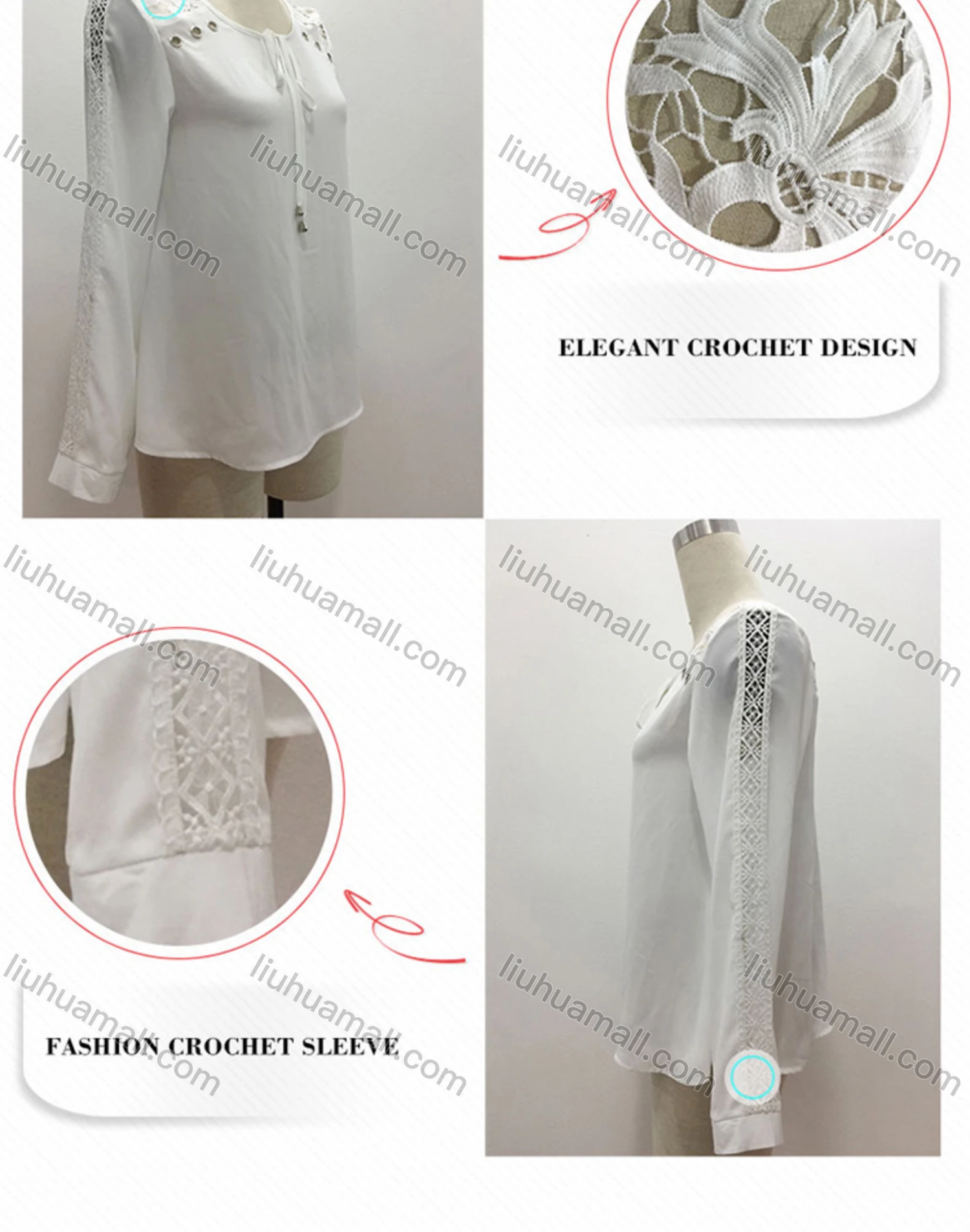 Wholesale Women's Casual Embroidery Lace Tie Neck Ring Decor Long Sleeve Blouse - Liuhuamall