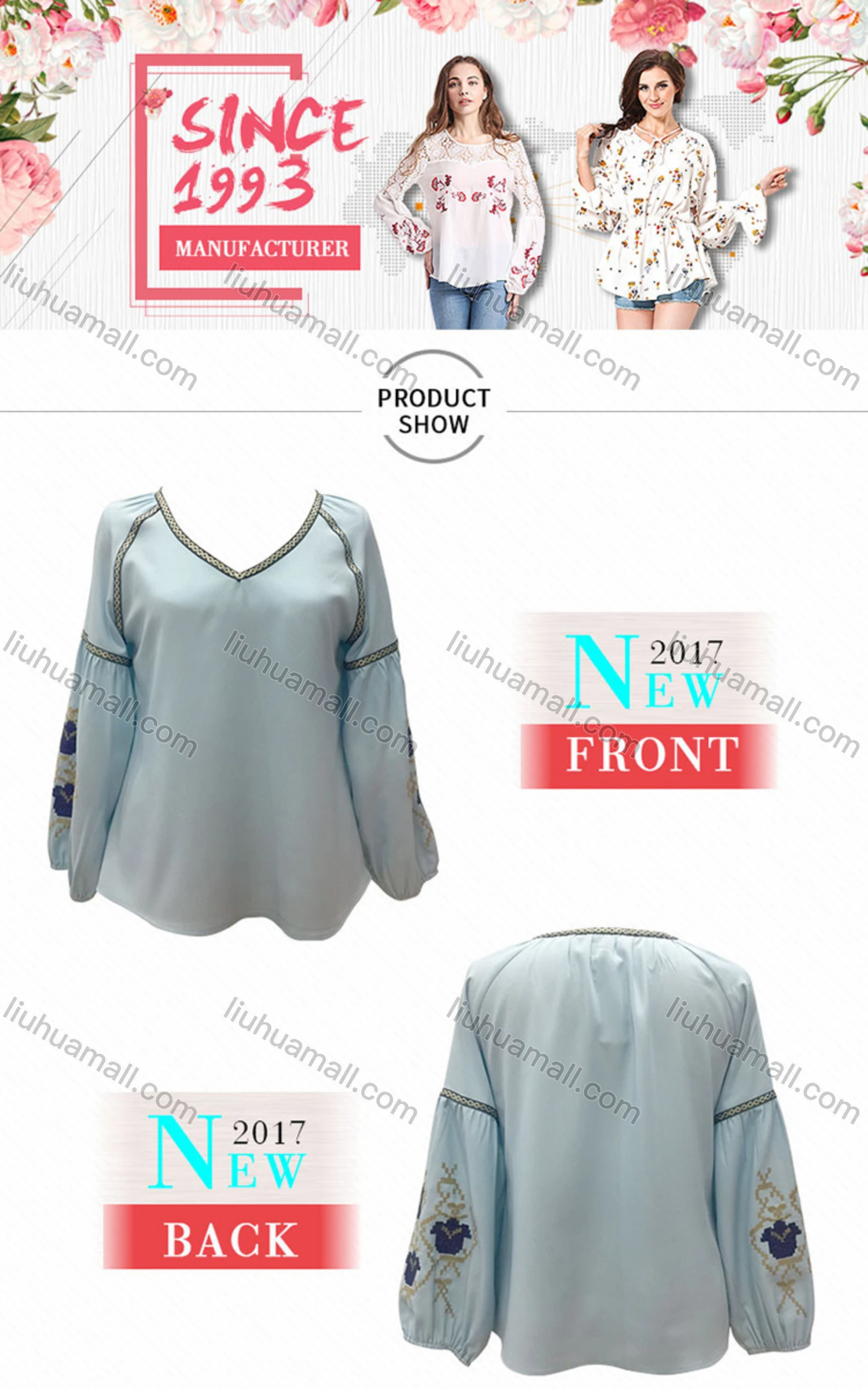 Wholesale Women's Casual Embroidery V Neck Long Sleeve Blouse - Liuhuamall