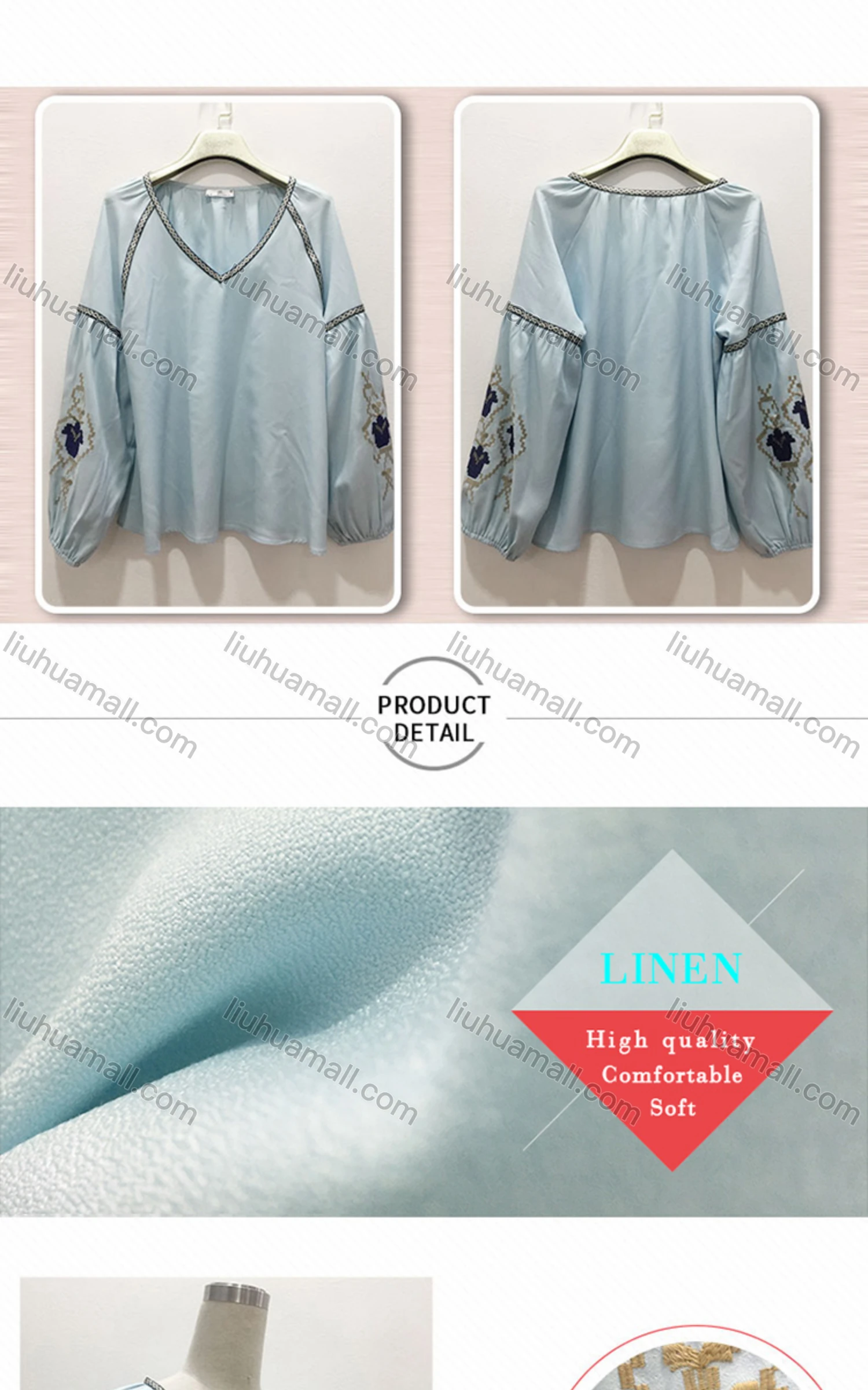 Wholesale Women's Casual Embroidery V Neck Long Sleeve Blouse - Liuhuamall