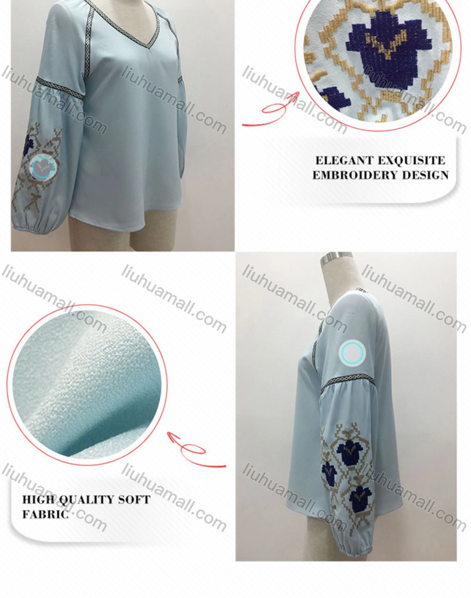 Wholesale Women's Casual Embroidery V Neck Long Sleeve Blouse - Liuhuamall