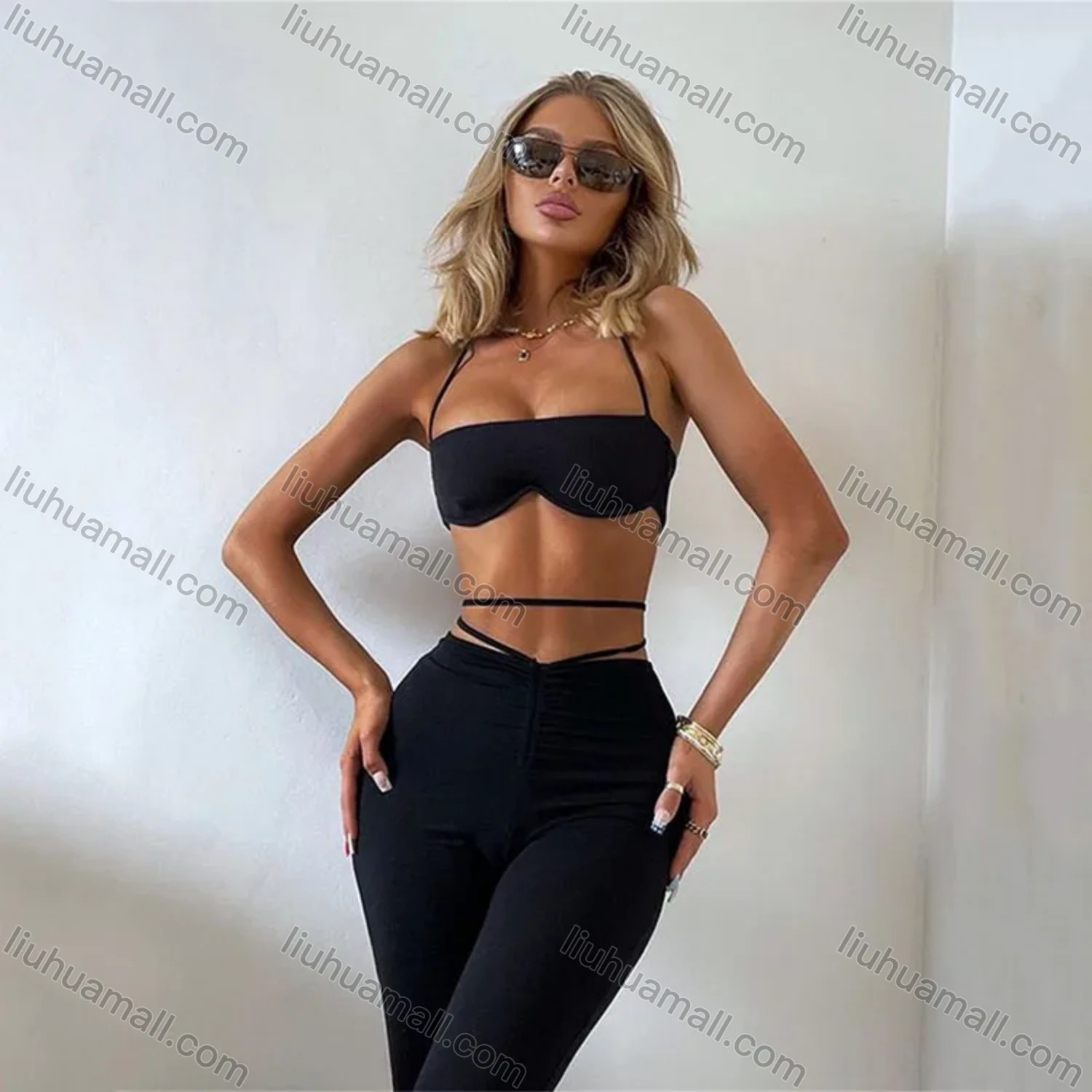 Wholesale Women's Sexy Plain Wrap Chest Halter Top & Tie Back Pant 2 Piece Set - Liuhuamall