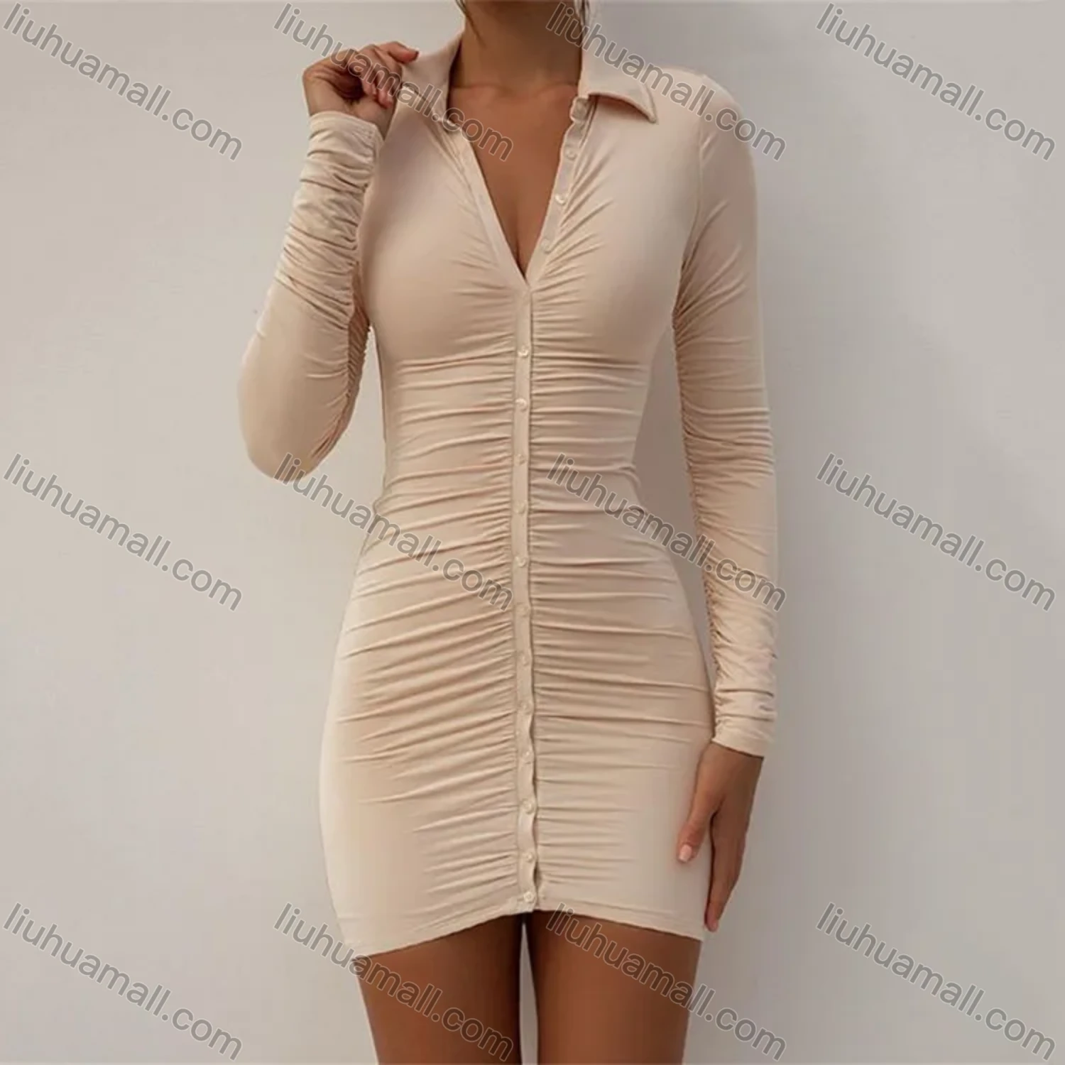 Wholesale Women's Casual Plain Button Down Long Sleeve Bodycon Short Dress - Liuhuamall