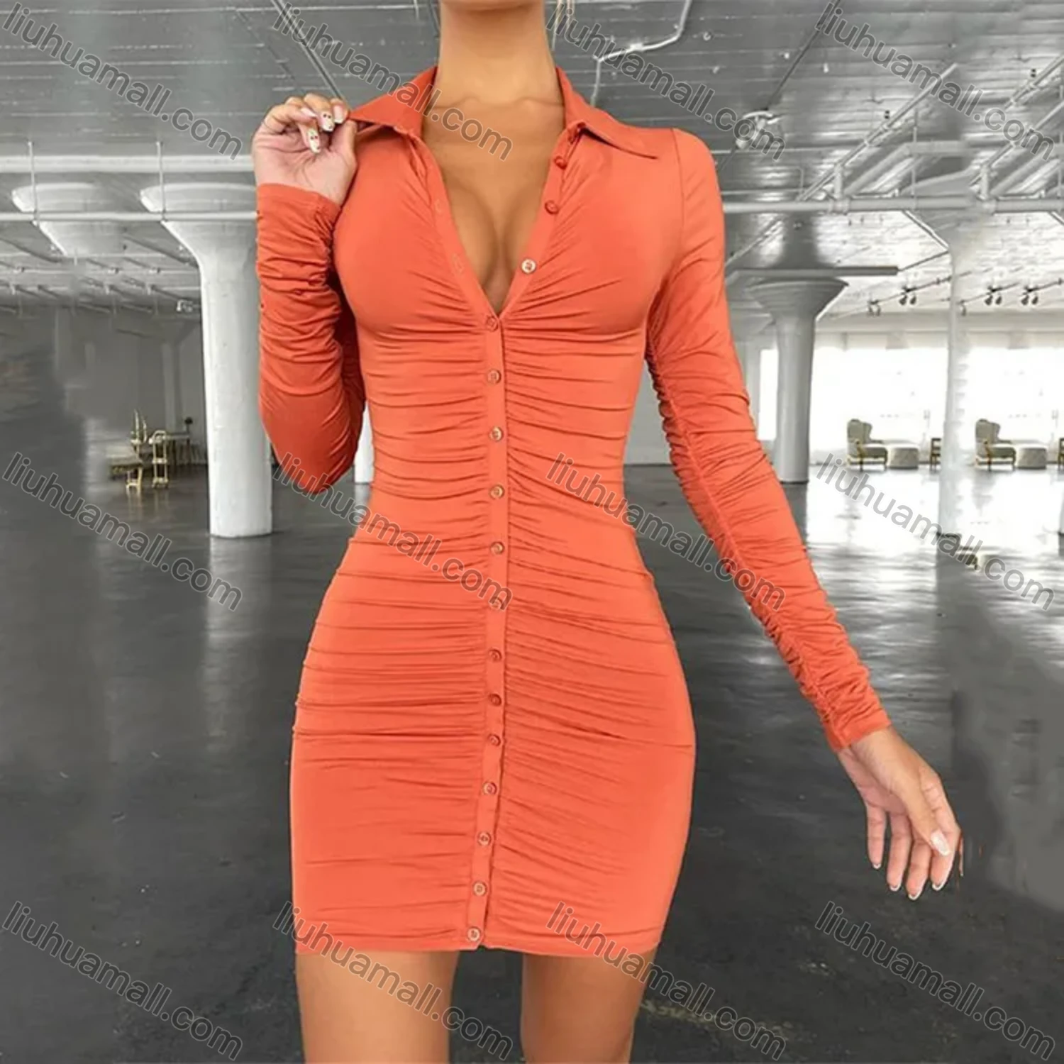 Wholesale Women's Casual Plain Button Down Long Sleeve Bodycon Short Dress - Liuhuamall