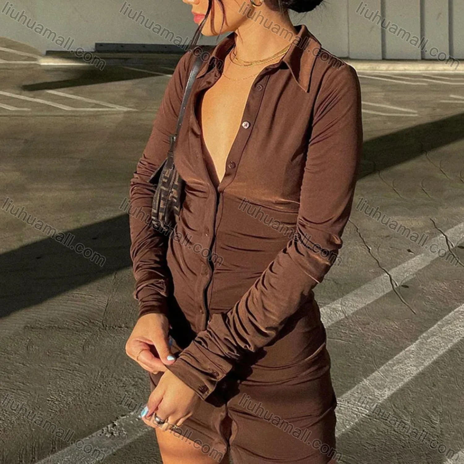 Wholesale Women's Casual Plain Button Down Long Sleeve Bodycon Short Dress - Liuhuamall