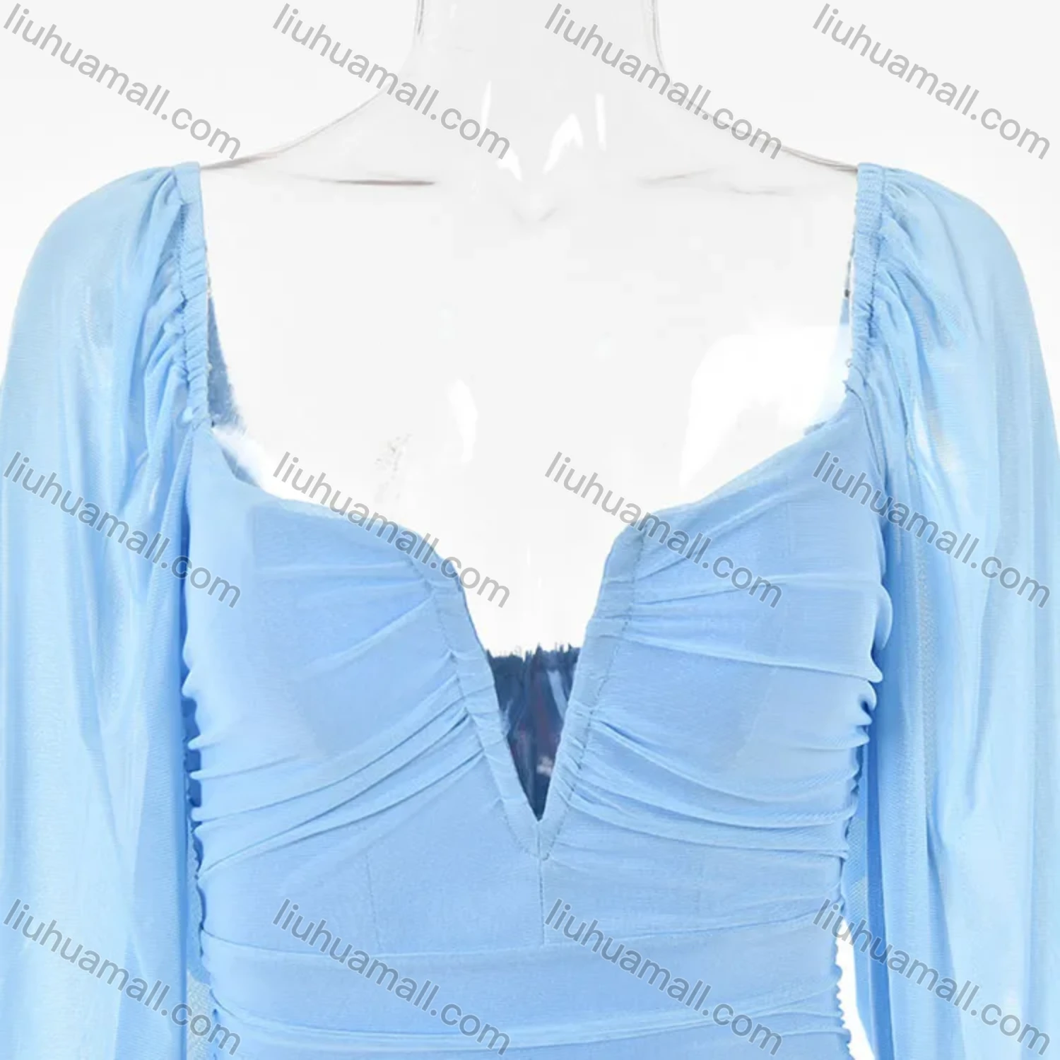 Wholesale Women's Sexy Plain V Neck Mesh Long Sleeve Backless Bodycon Short Dress - Liuhuamall