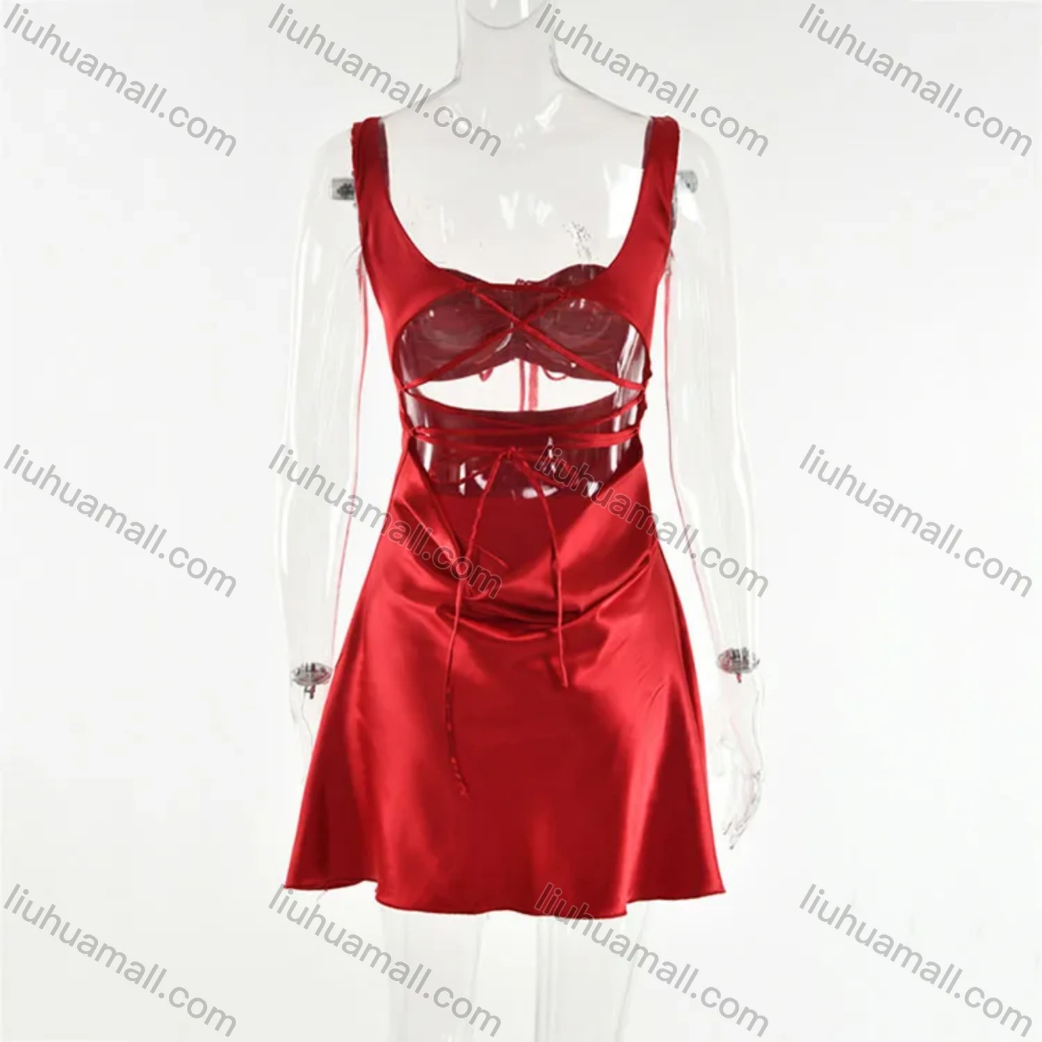 Wholesale Women's Sexy Plain Lace Up Cut Out Crisscross Back Short Cami Dress - Liuhuamall