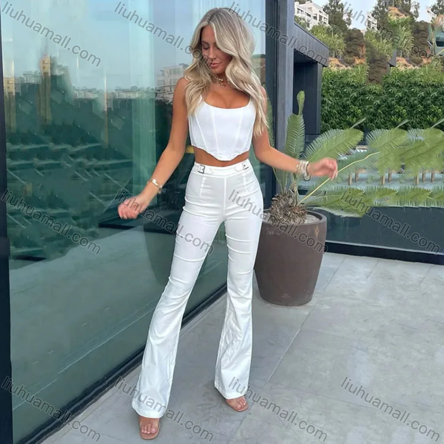 Wholesale Women's Casual Plain High Waist Flare Leg Pants With Belt FD9399# - Liuhuamall