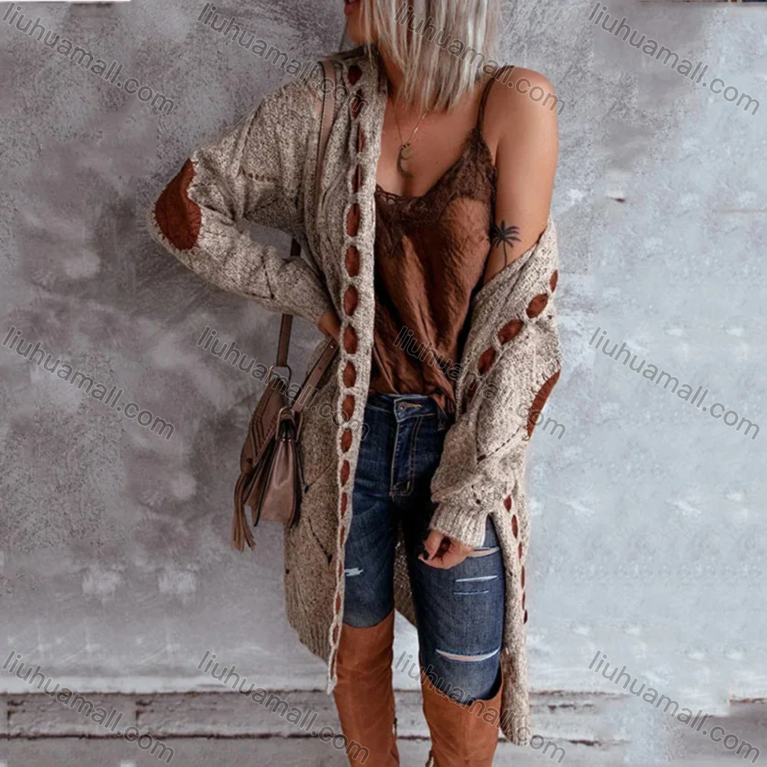Wholesale Women's Casual Splicing Cable Knit Long Sleeve Sweater Cardigan Al10325# - Liuhuamall