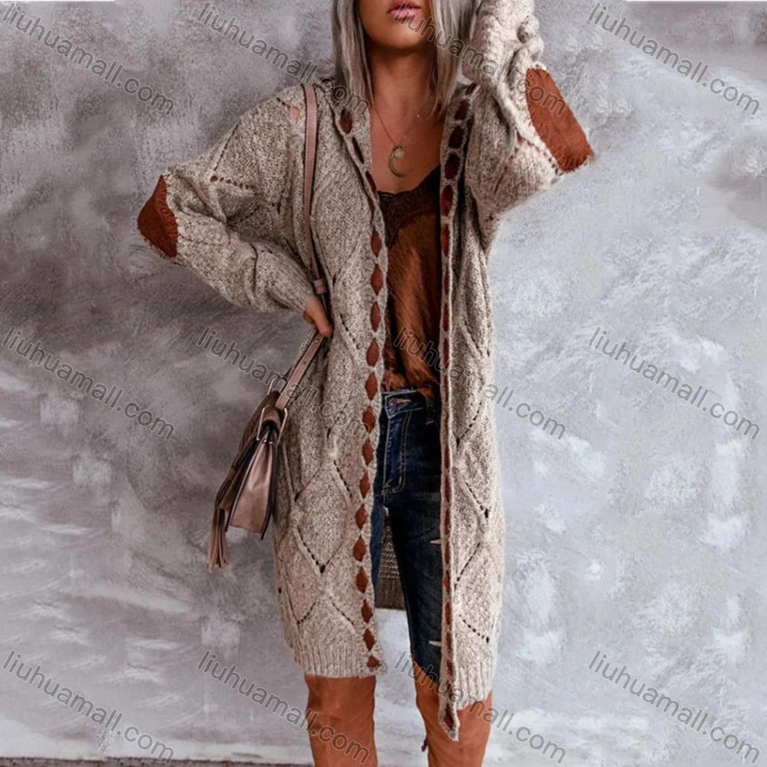 Wholesale Women's Casual Splicing Cable Knit Long Sleeve Sweater Cardigan Al10325# - Liuhuamall