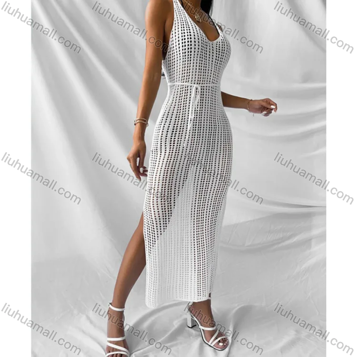 Wholesale Women's Sexy Plain Cut Out Tie Front Split Hem Maxi Cami Dress - Liuhuamall