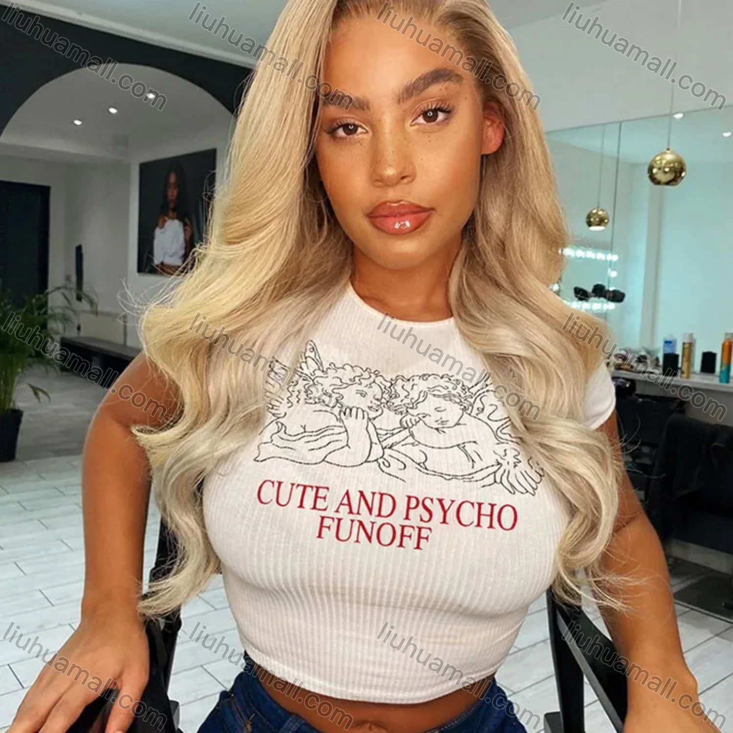 Wholesale Women's Casual Letter Print & Graphic Round Neck Short Sleeve Crop Tee - Liuhuamall