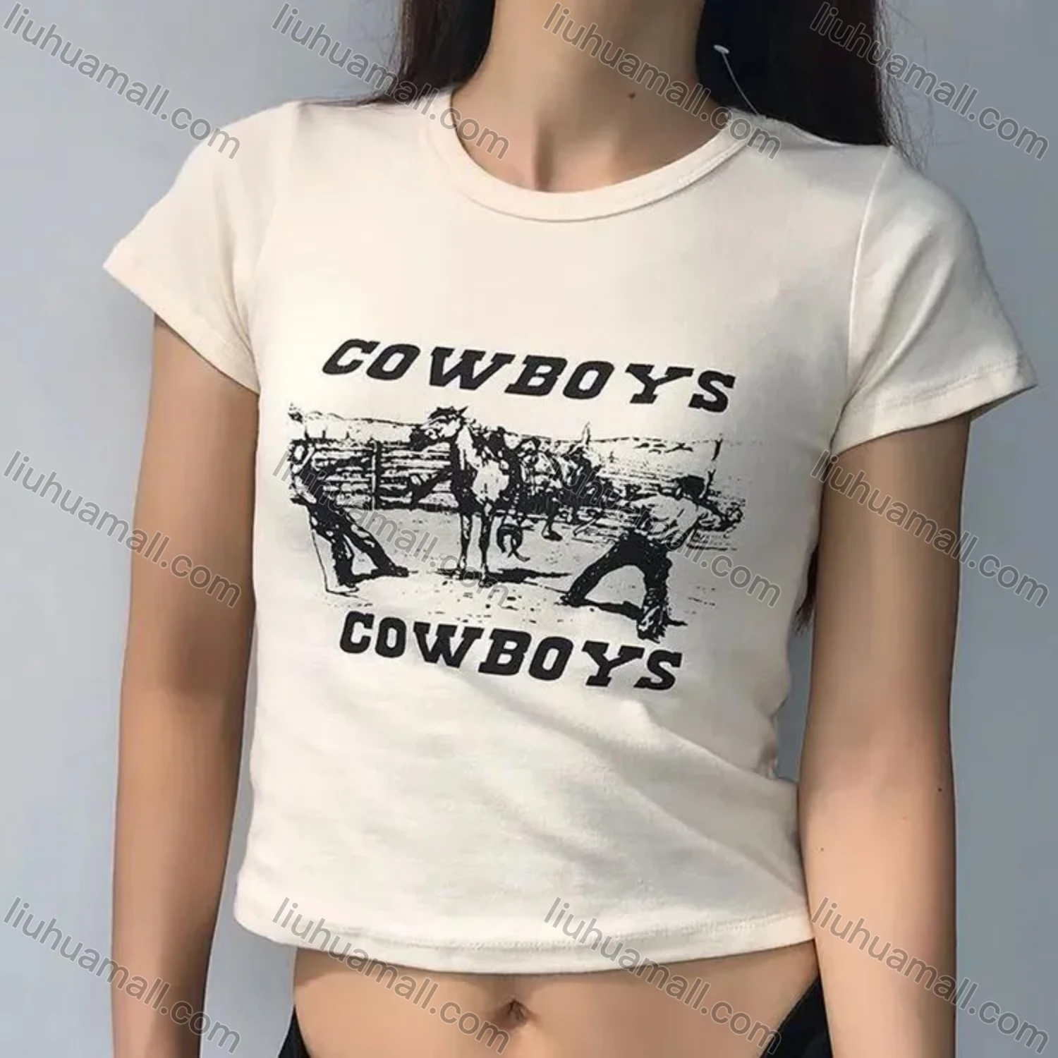 Wholesale Women's Casual Letter Print & Graphic Round Neck Short Sleeve Crop Tee - Liuhuamall