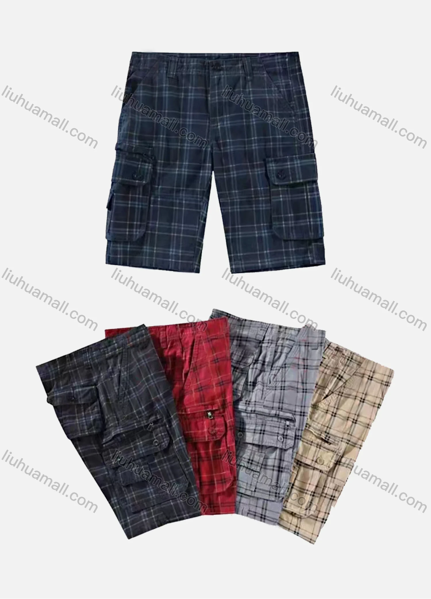 Wholesale Men's Casual Flap Pockets Plaid Print Cargo Shorts - Liuhuamall