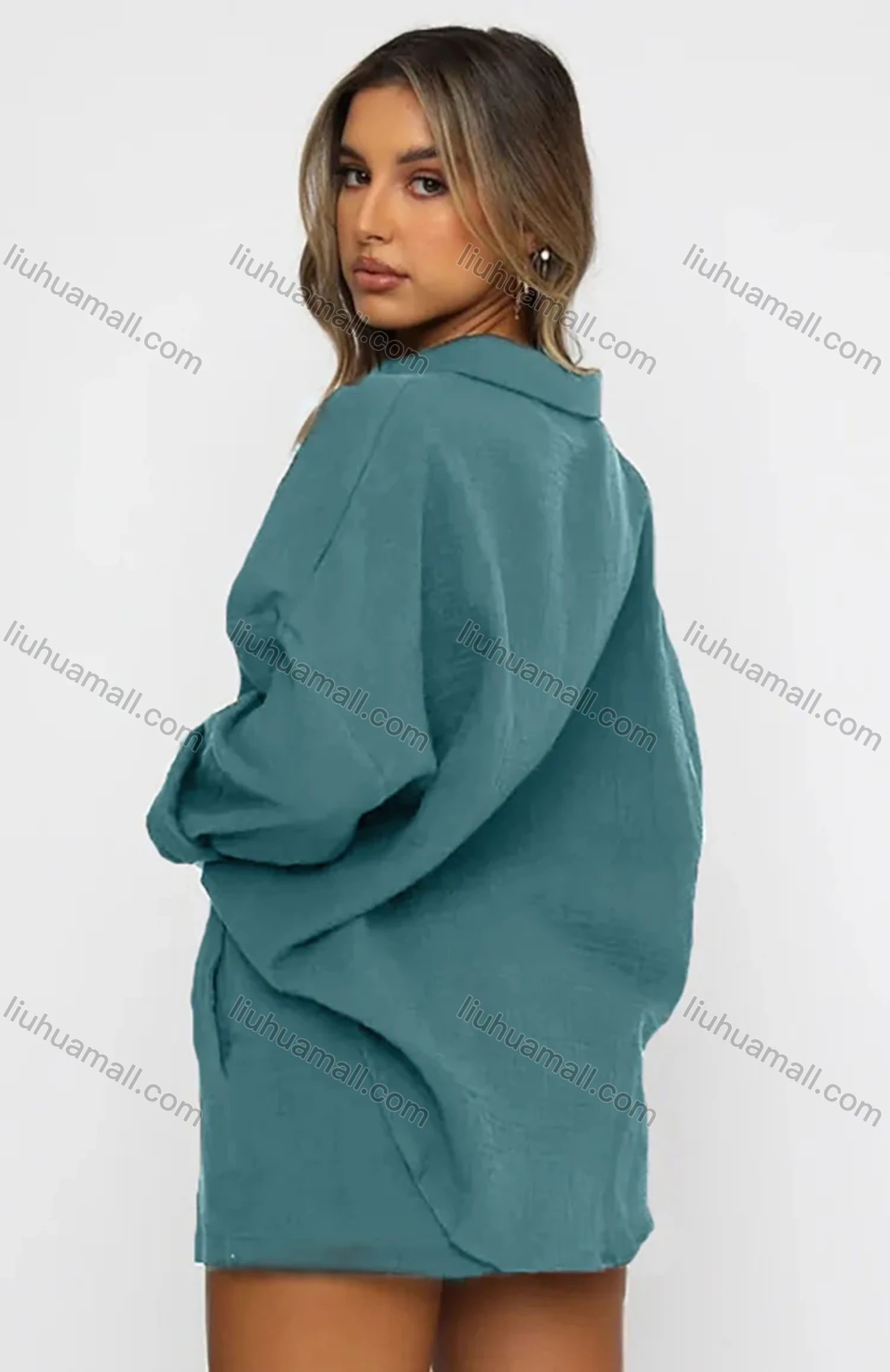 Wholesale Women's Casual Plain Long Sleeve Shirts & Drawstring Shorts 2 Piece Set 211039# - Liuhuamall