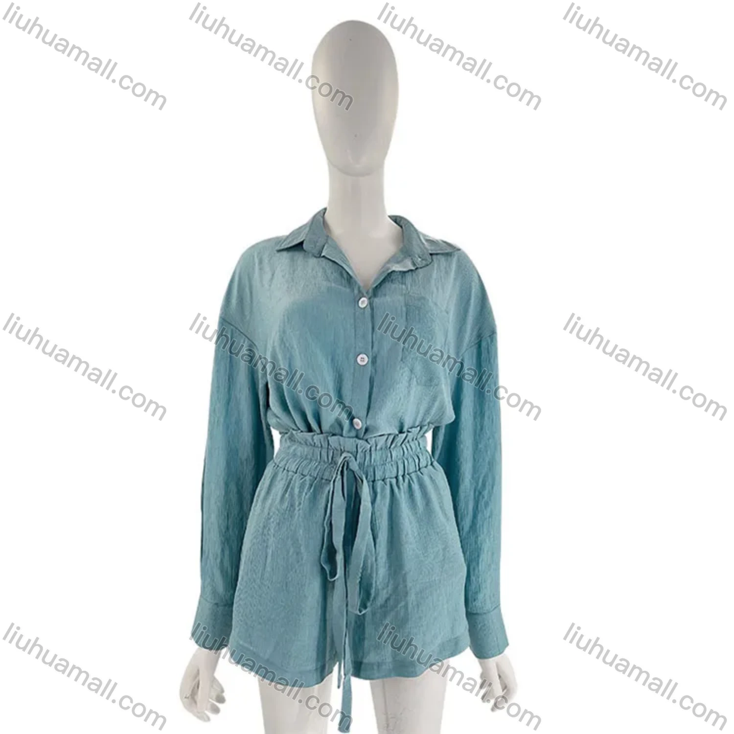 Wholesale Women's Casual Plain Long Sleeve Shirts & Drawstring Shorts 2 Piece Set 211039# - Liuhuamall