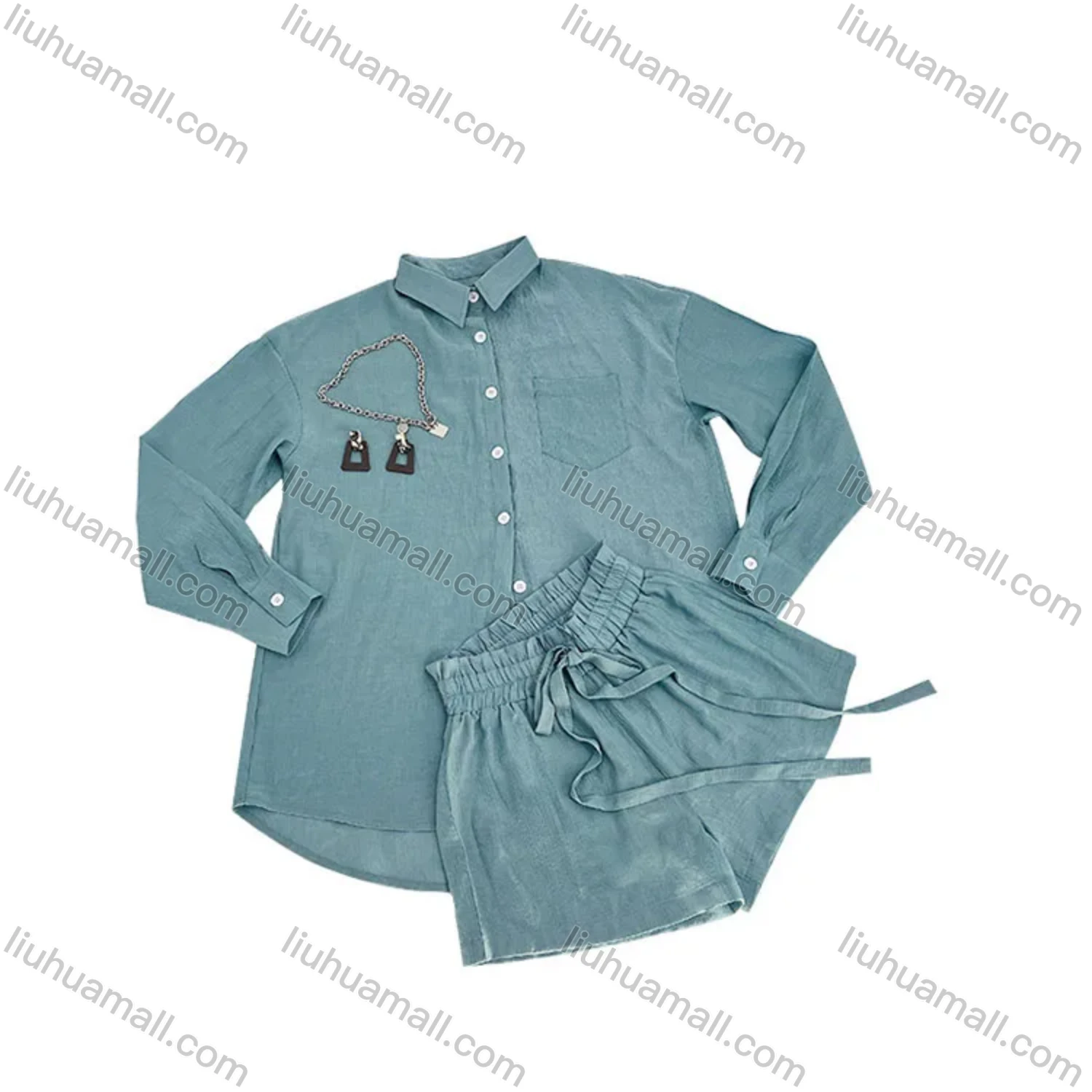 Wholesale Women's Casual Plain Long Sleeve Shirts & Drawstring Shorts 2 Piece Set 211039# - Liuhuamall