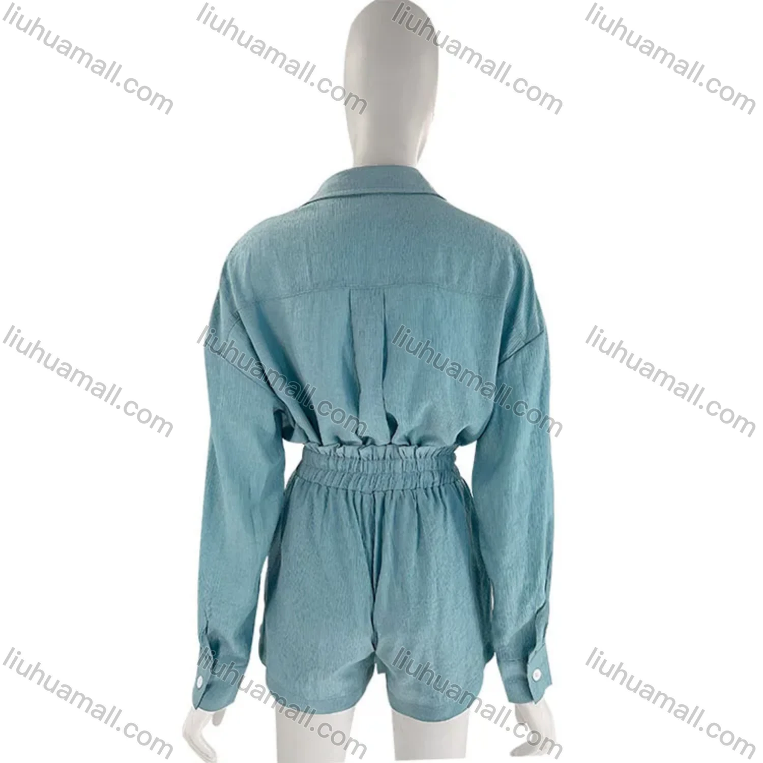 Wholesale Women's Casual Plain Long Sleeve Shirts & Drawstring Shorts 2 Piece Set 211039# - Liuhuamall