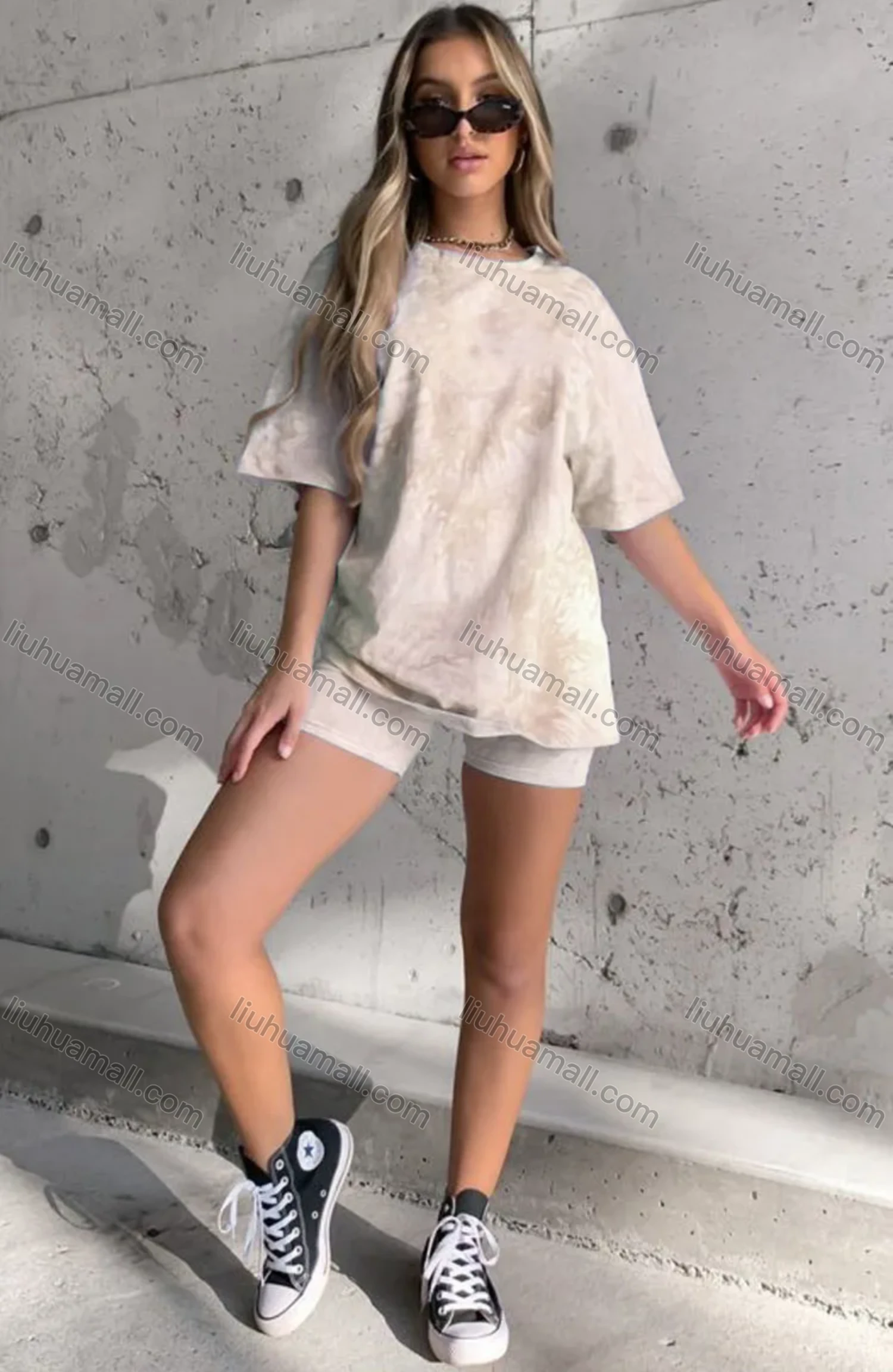 Wholesale Women's Casual Tie Dye Round Neck Tee & Shorts 2 Piece Set 211050# - Liuhuamall