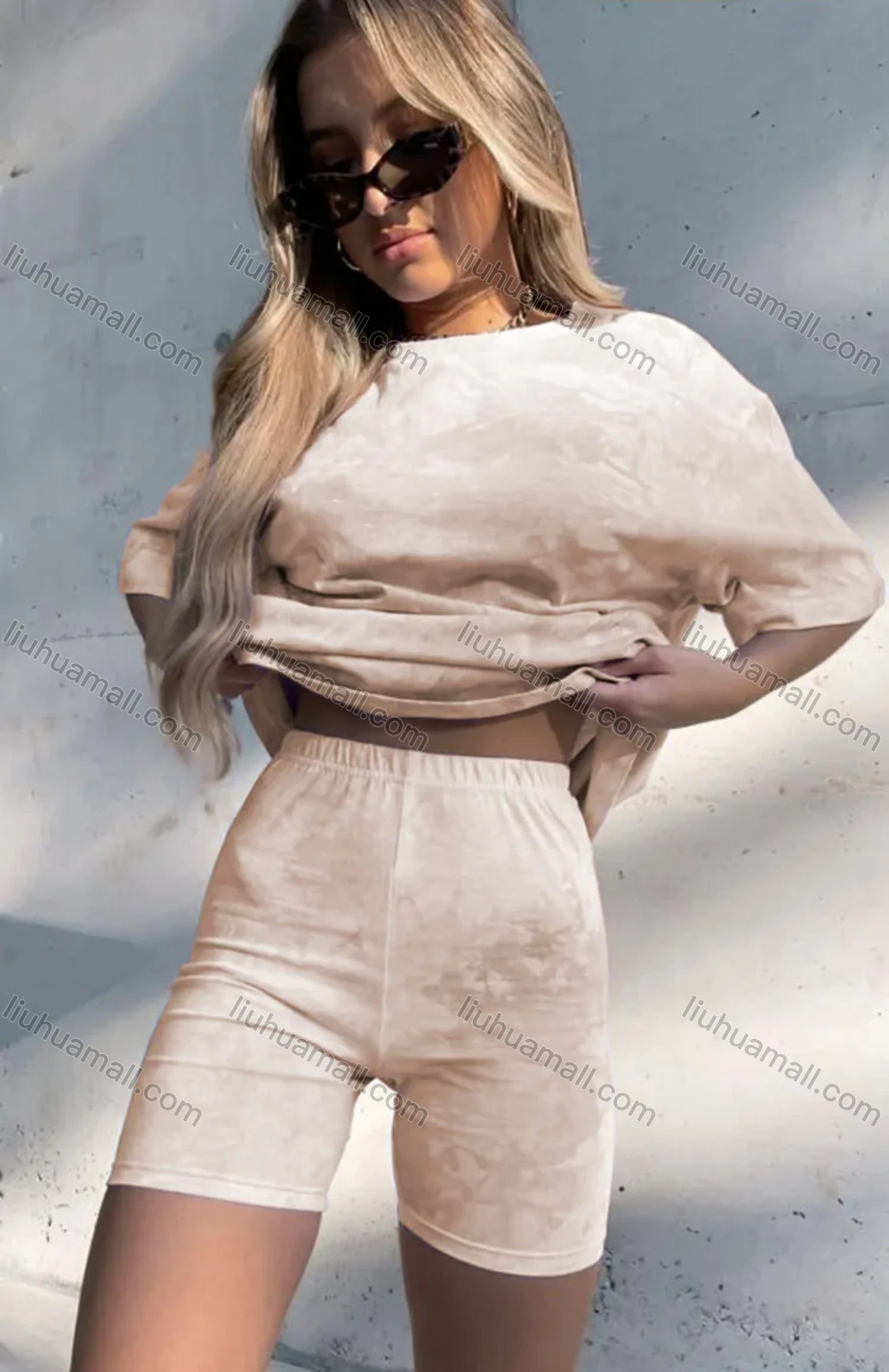 Wholesale Women's Casual Tie Dye Round Neck Tee & Shorts 2 Piece Set 211050# - Liuhuamall