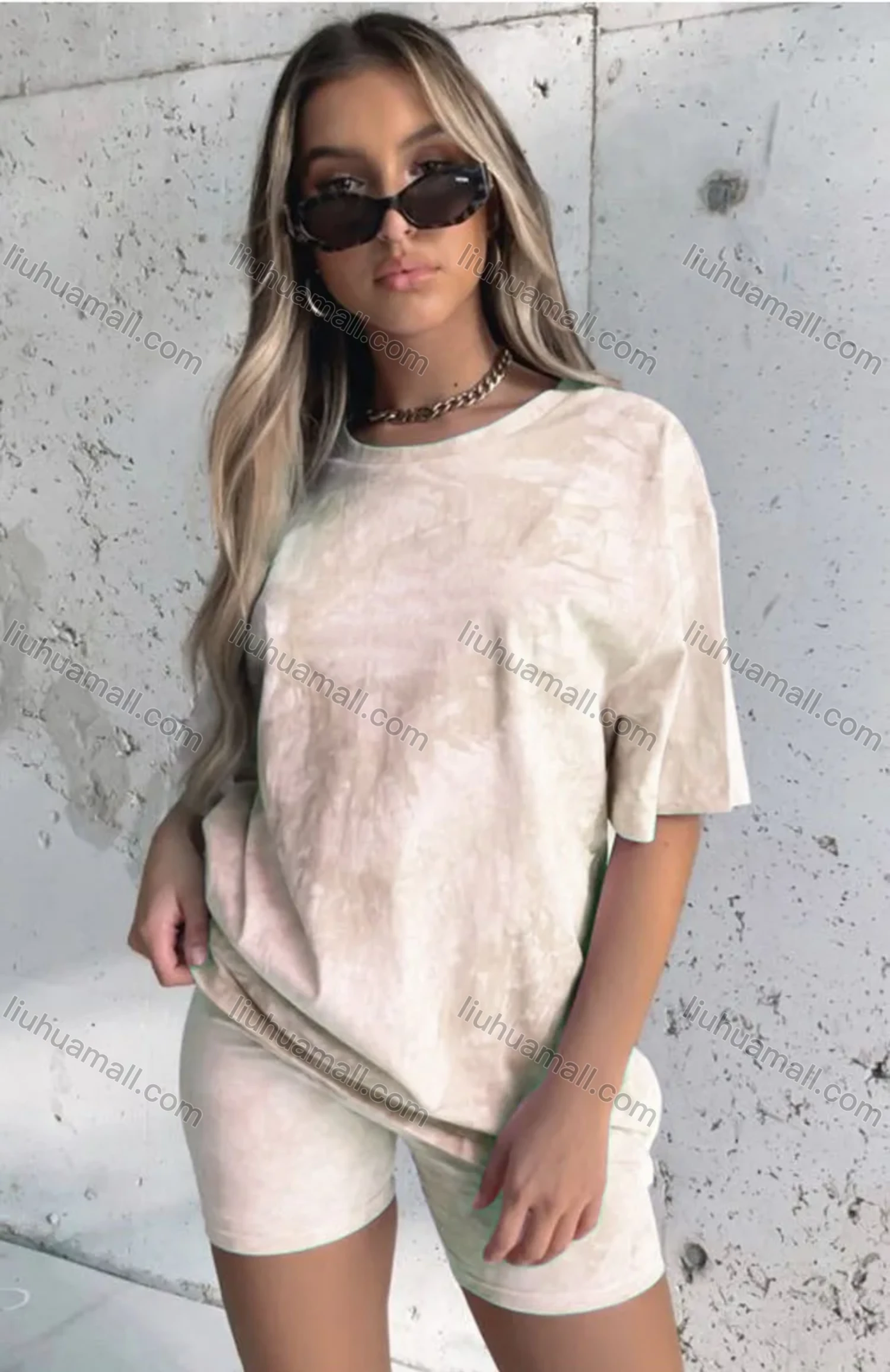 Wholesale Women's Casual Tie Dye Round Neck Tee & Shorts 2 Piece Set 211050# - Liuhuamall