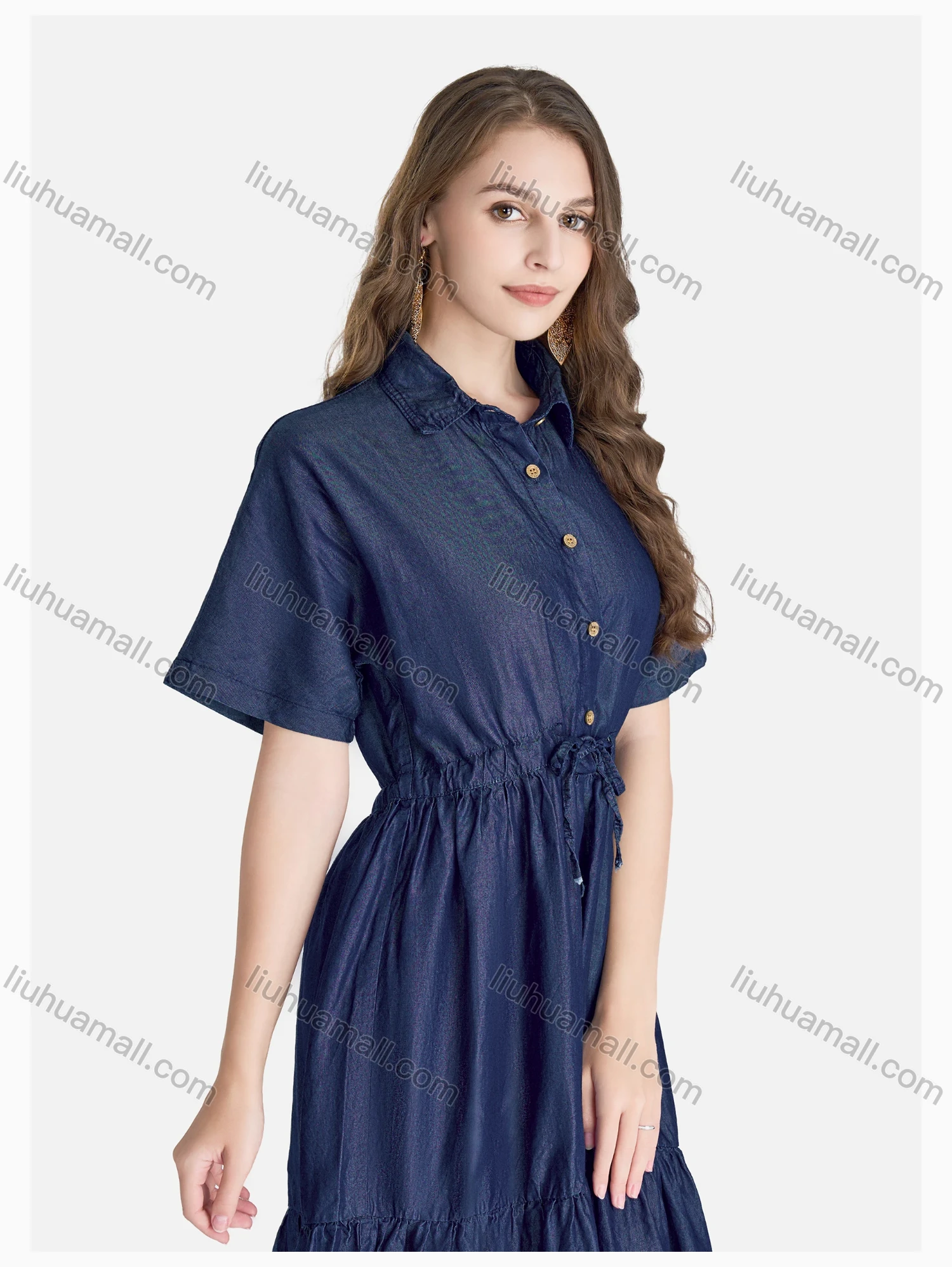 Wholesale Women's Casual Short Sleeve Ruffle Hem Button Front Plain Shirt Dress - Liuhuamall