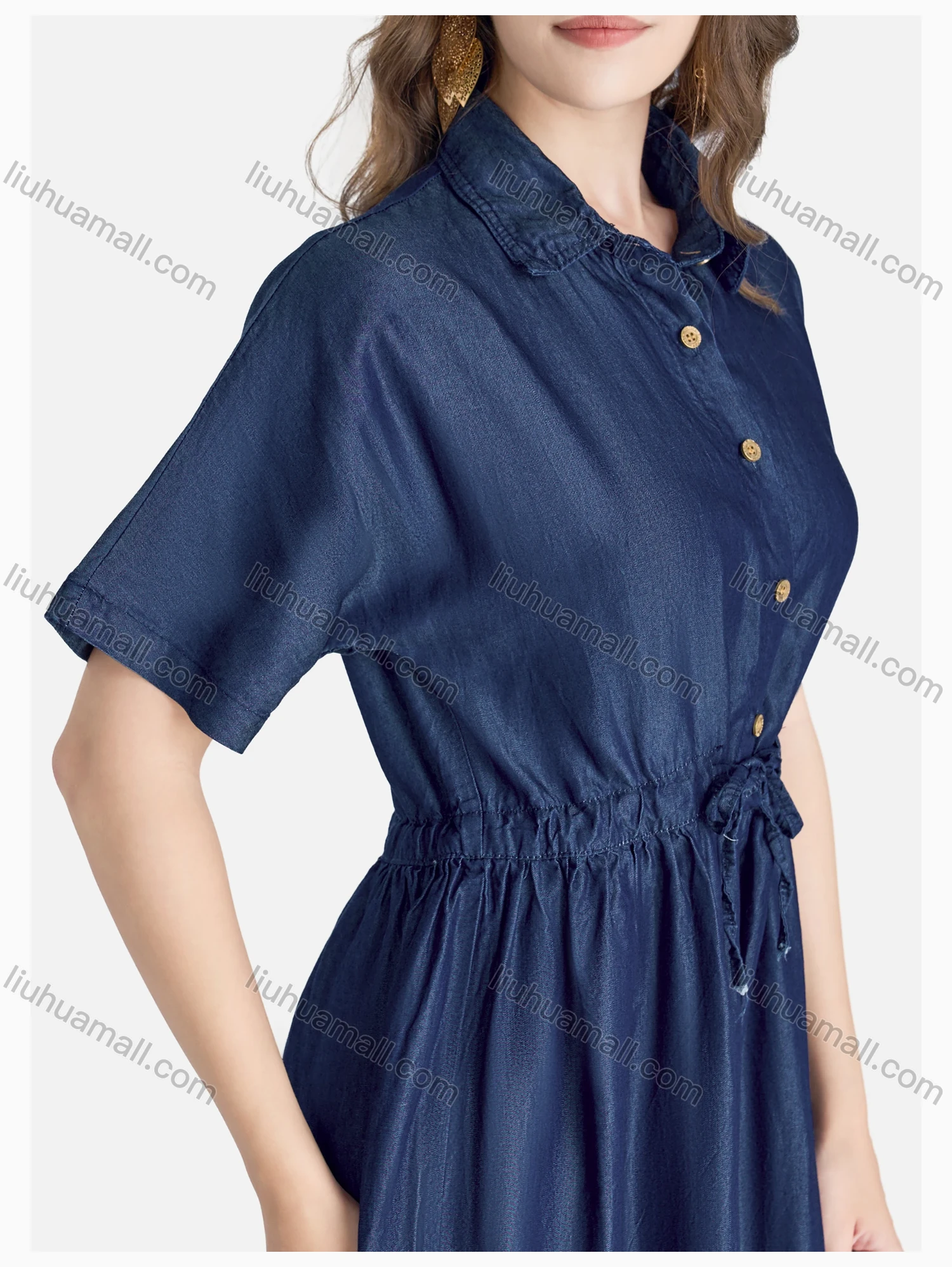 Wholesale Women's Casual Short Sleeve Ruffle Hem Button Front Plain Shirt Dress - Liuhuamall