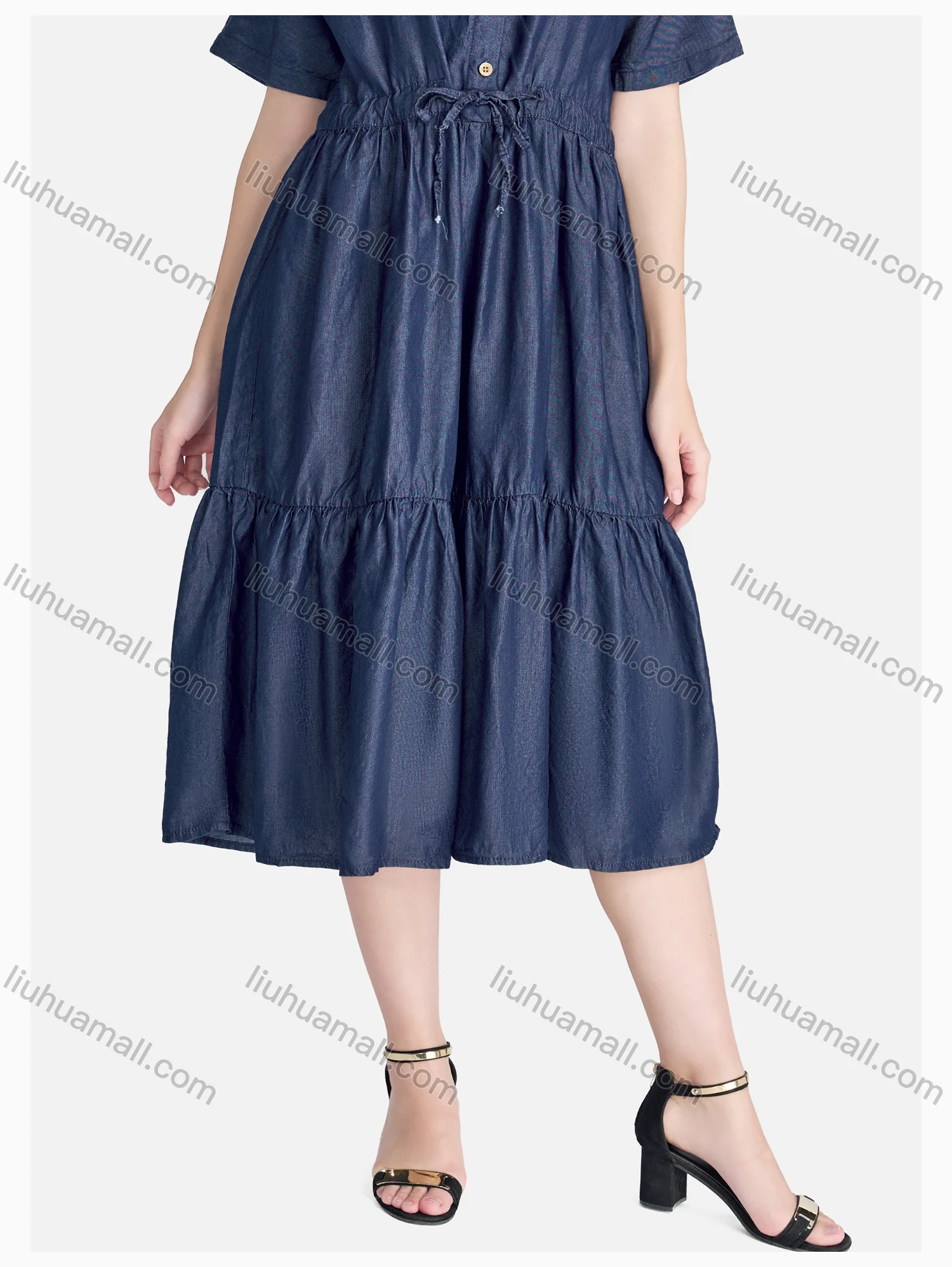 Wholesale Women's Casual Short Sleeve Ruffle Hem Button Front Plain Shirt Dress - Liuhuamall