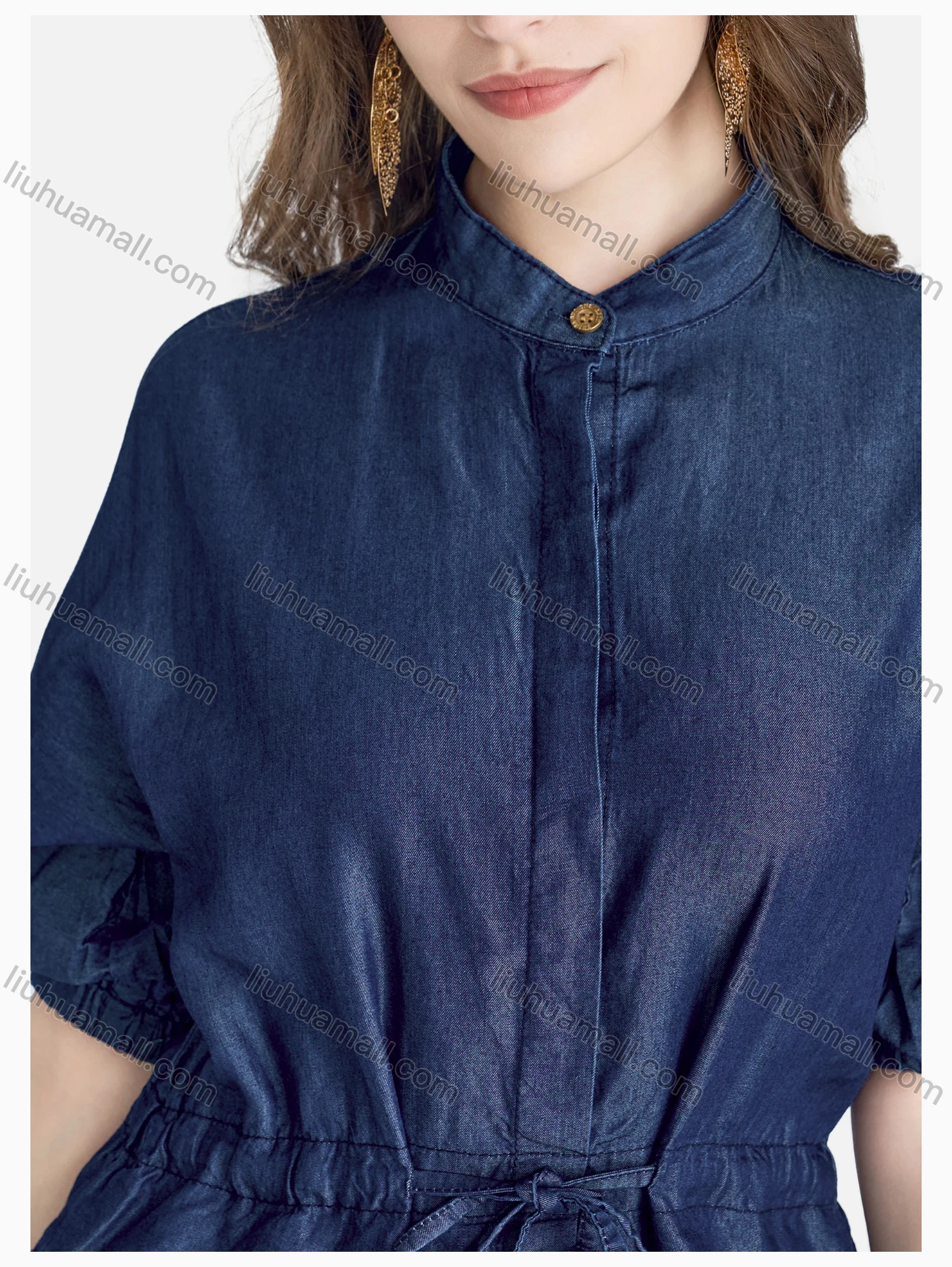 Wholesale Women's Casual Half Sleeve Ruffle Hem Button Front Plain Dress With Belt - Liuhuamall