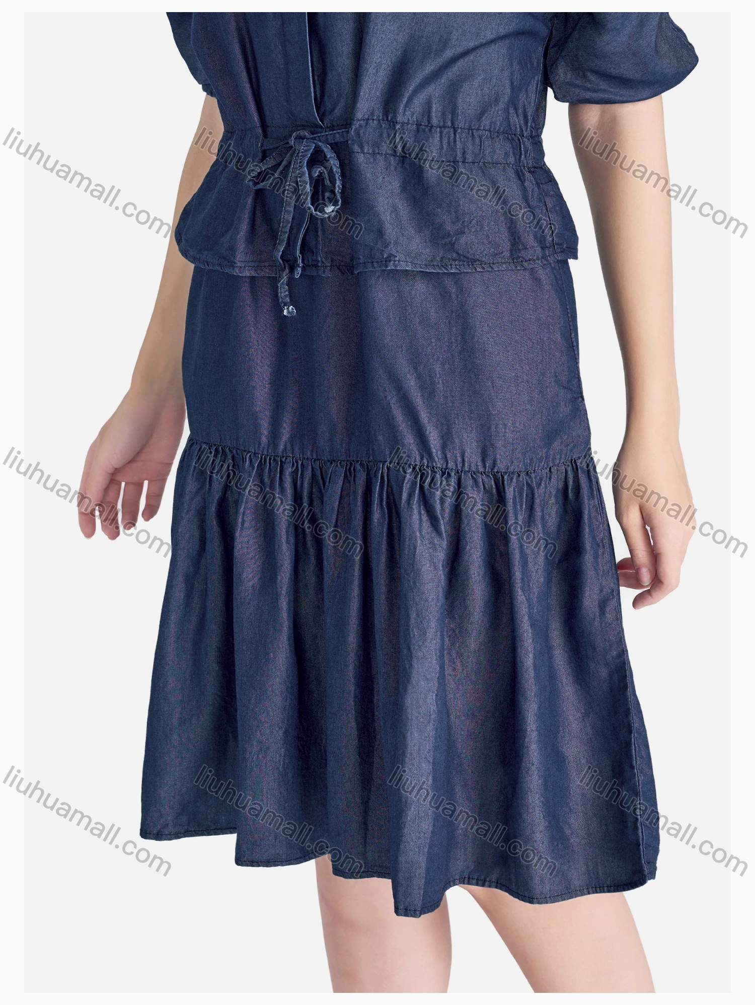 Wholesale Women's Casual Half Sleeve Ruffle Hem Button Front Plain Dress With Belt - Liuhuamall