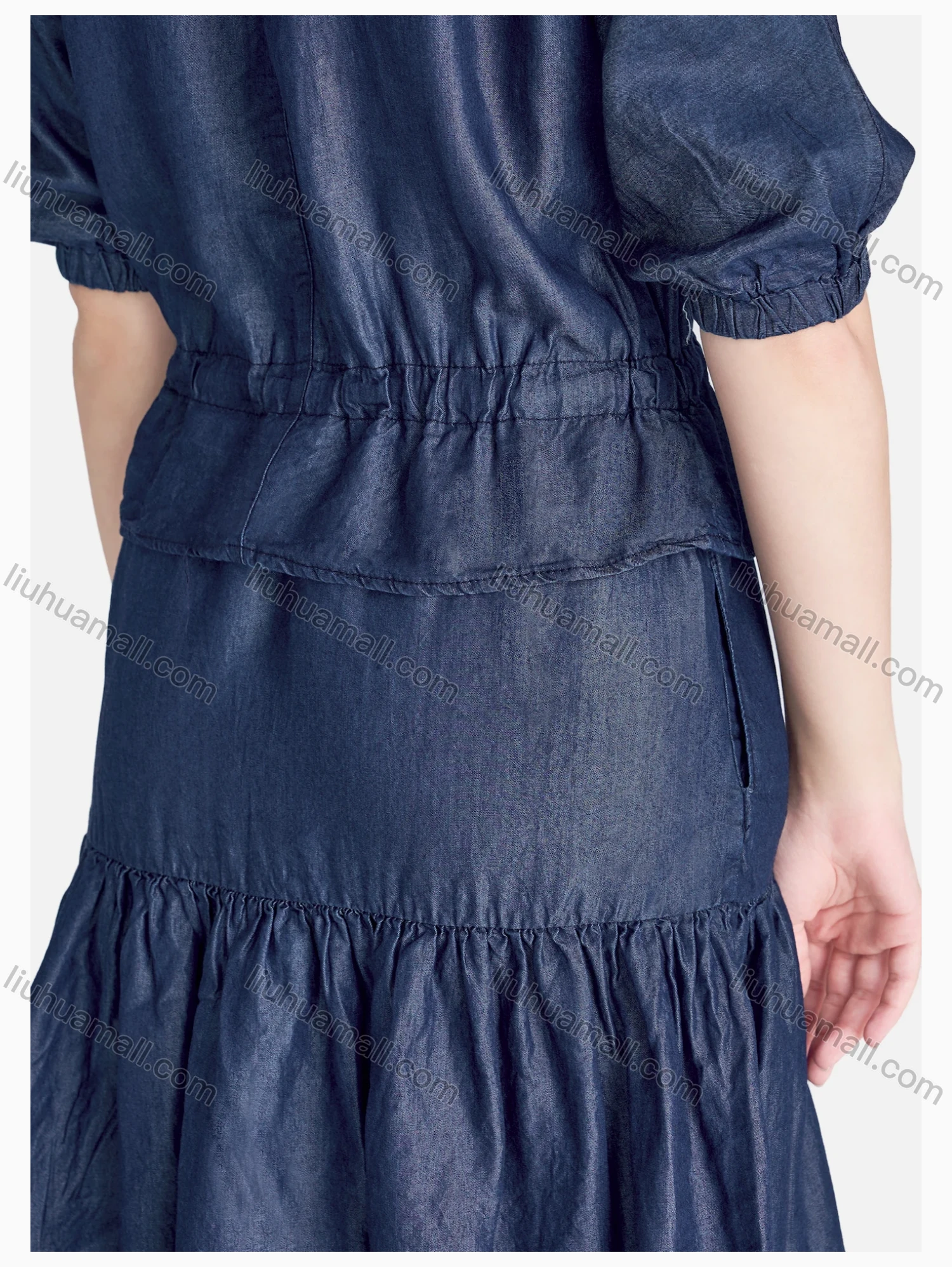 Wholesale Women's Casual Half Sleeve Ruffle Hem Button Front Plain Dress With Belt - Liuhuamall