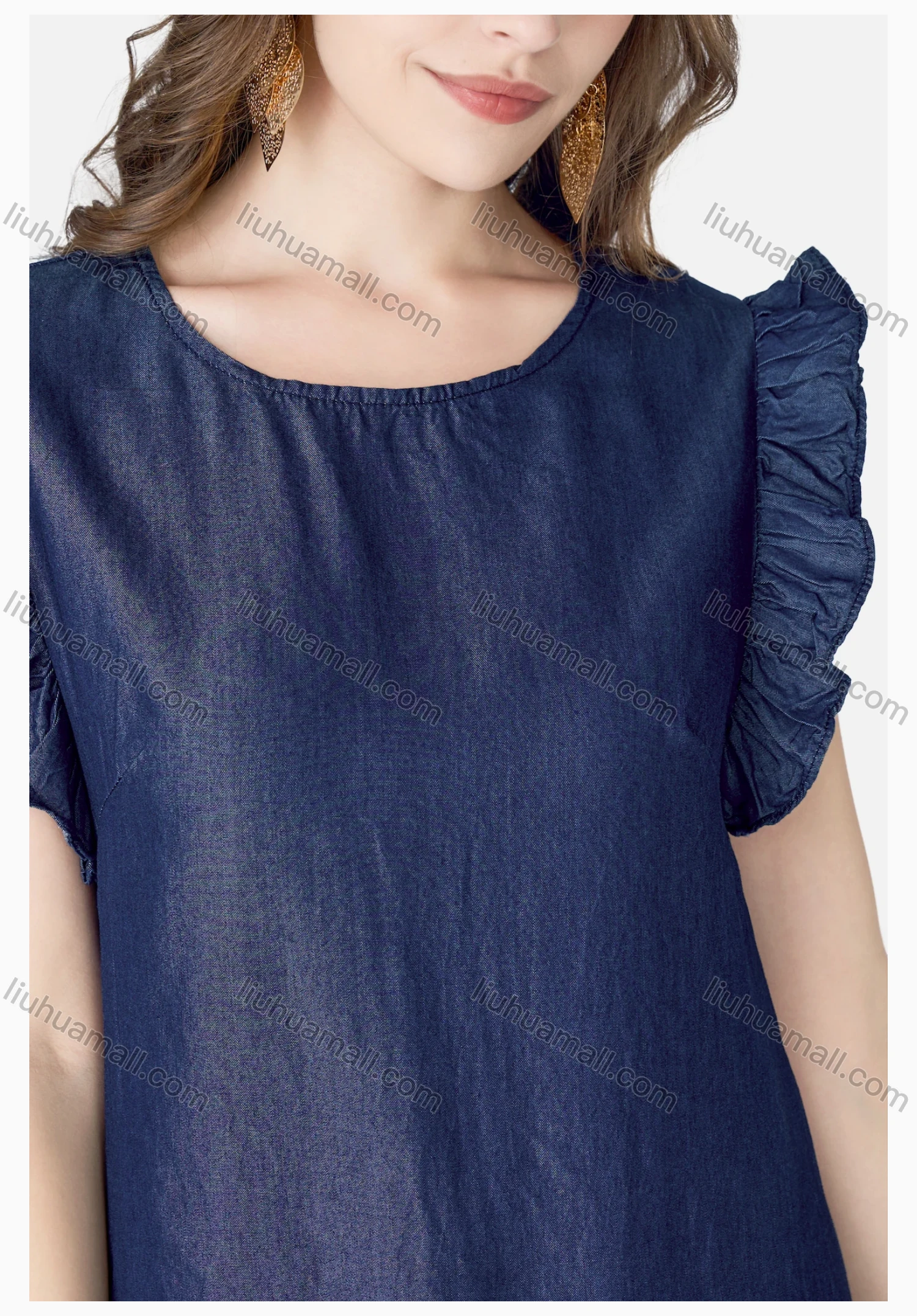 Wholesale Women's Casual Sleeveless Ruffle Trim Button Front Plain Dress - Liuhuamall