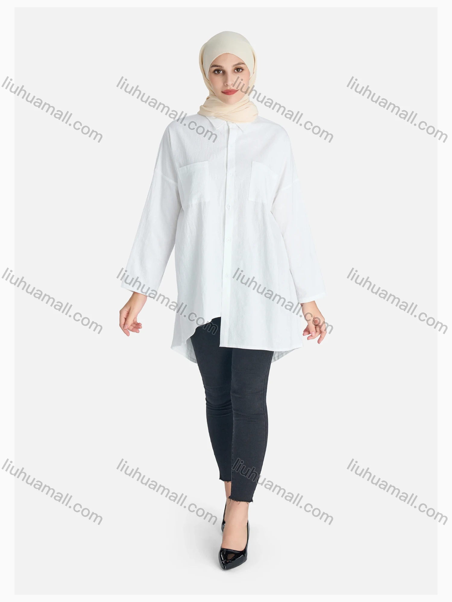 Wholesale Women's Casual Plain Asymmetrical Hem Button Down Shirt Without Hijab - Liuhuamall