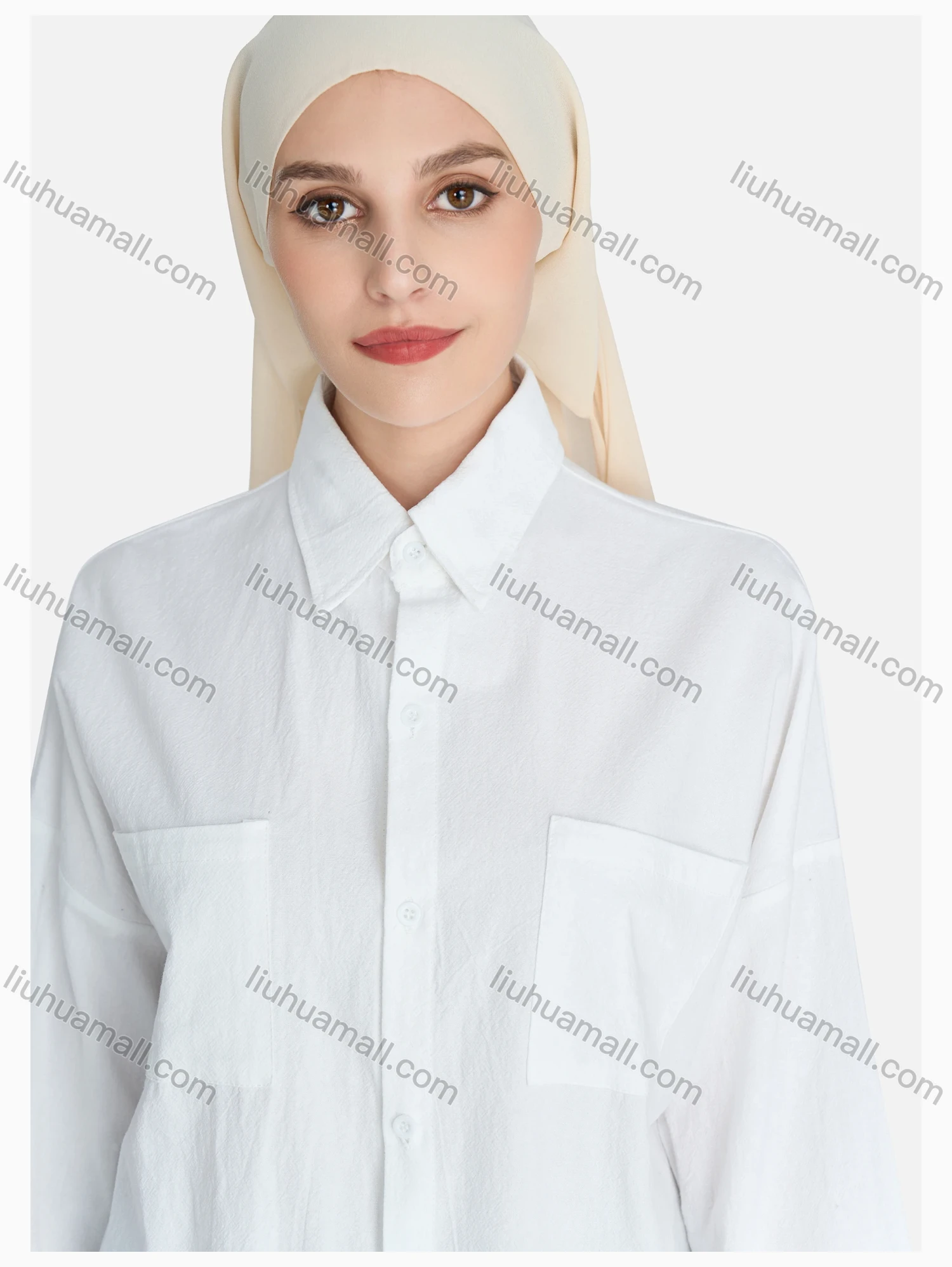 Wholesale Women's Casual Plain Asymmetrical Hem Button Down Shirt Without Hijab - Liuhuamall